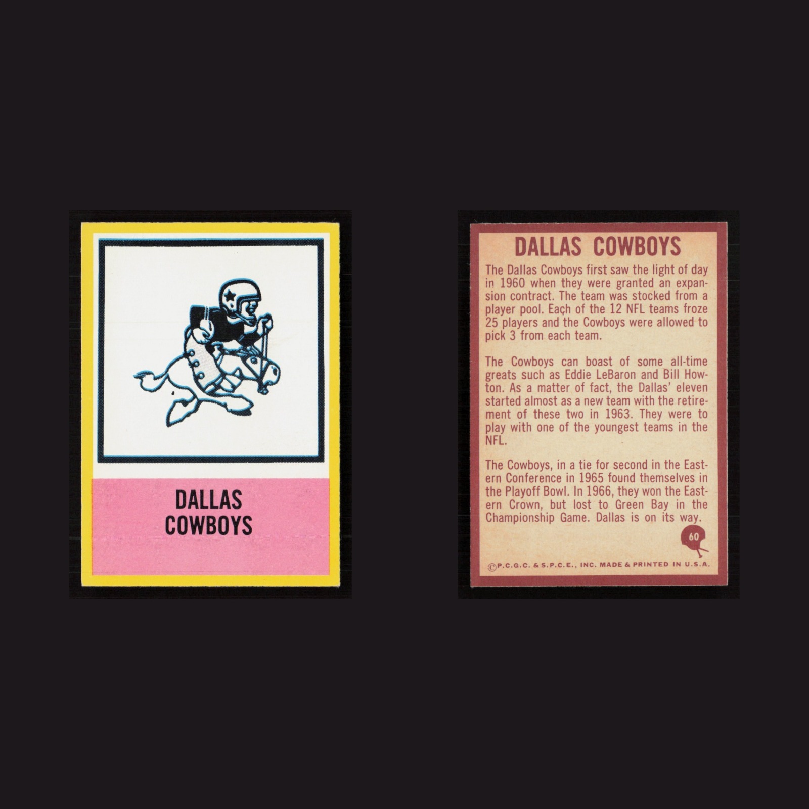 1967 Cowboys Logo #60 MINT Philadelphia Dallas Cowboys Vintage Football Card NFL front and back scans. Card condition is Near Mint.