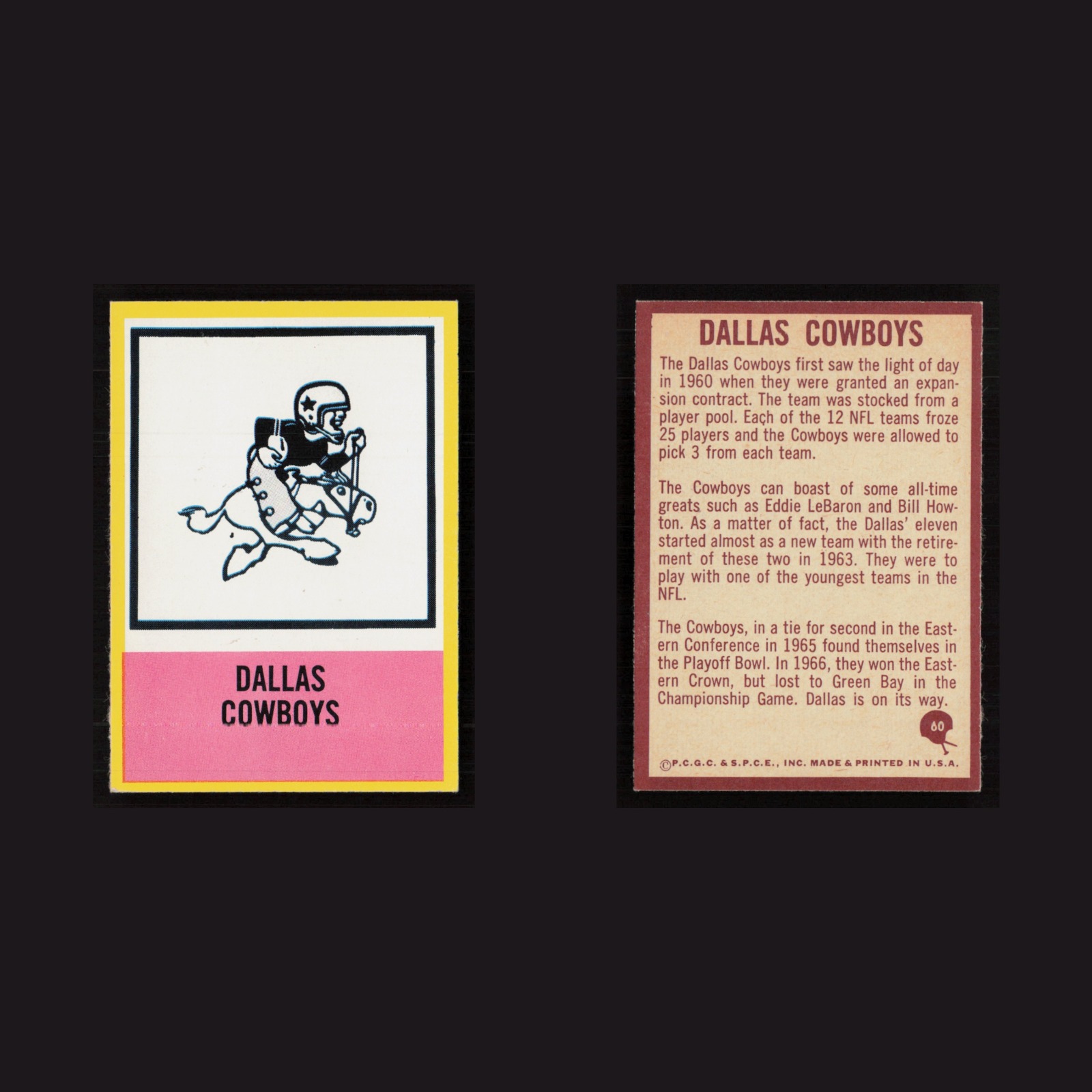 1967 Cowboys Logo #60 MINT Philadelphia Dallas Cowboys Vintage Football Card NFL front and back scans. Card condition is Near Mint.