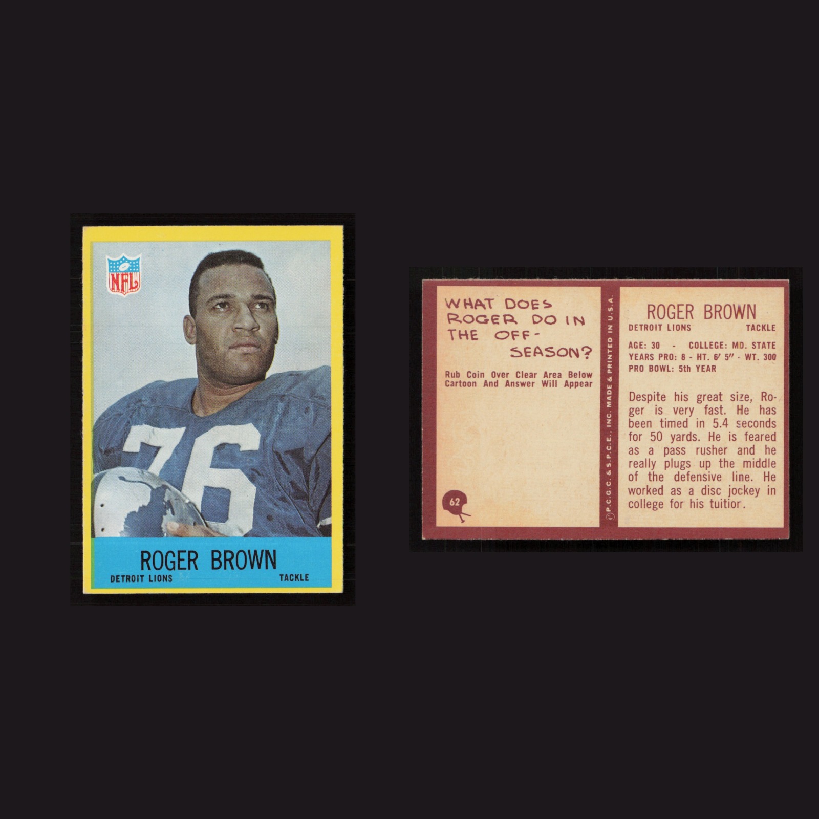 1967 Roger Brown #62 NM-MT Philadelphia Detroit Lions Vintage Football Card NFL front and back scans. Card condition is Near Mint.