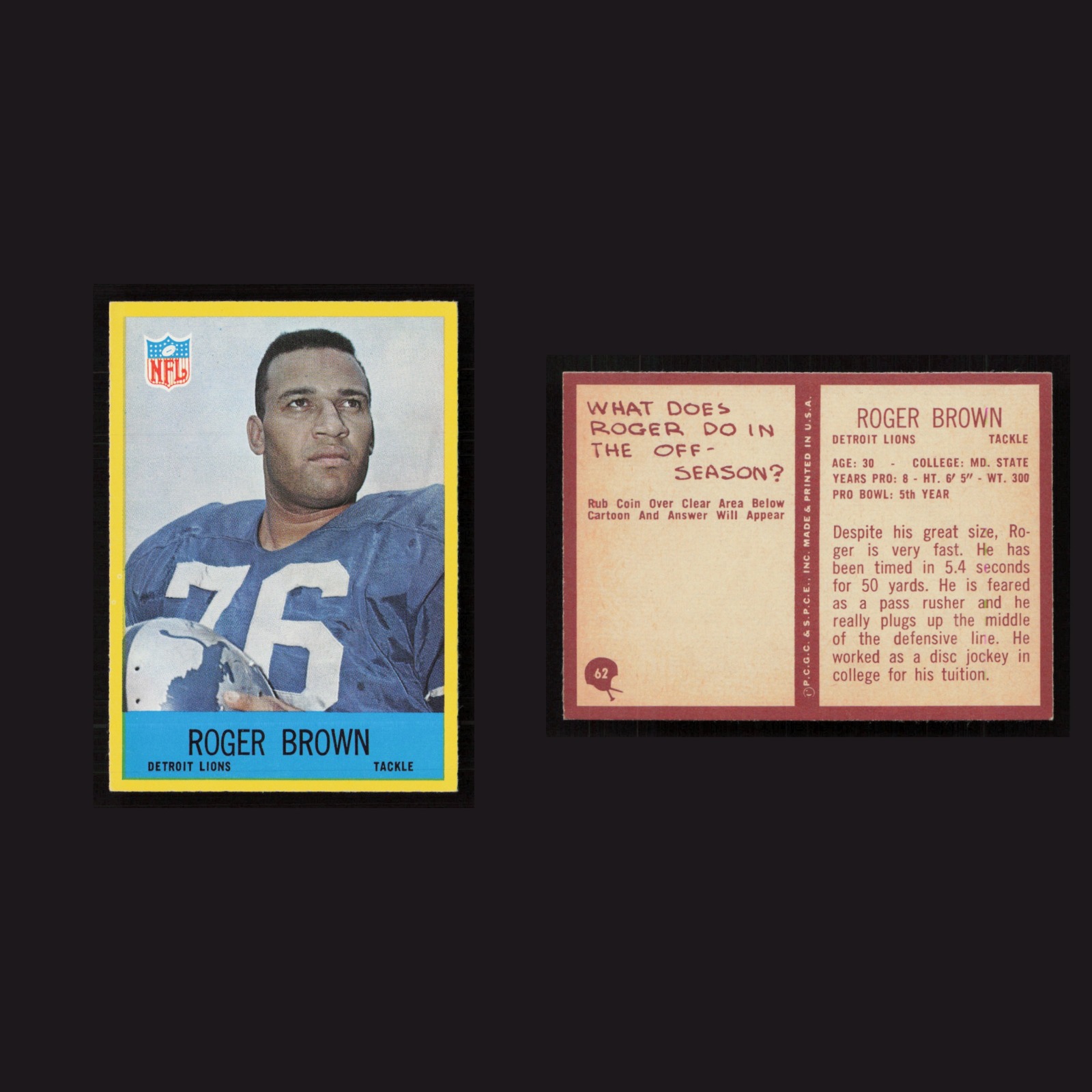1967 Roger Brown #62 NM-MT Philadelphia Detroit Lions Vintage Football Card NFL front and back scans. Card condition is Near Mint.