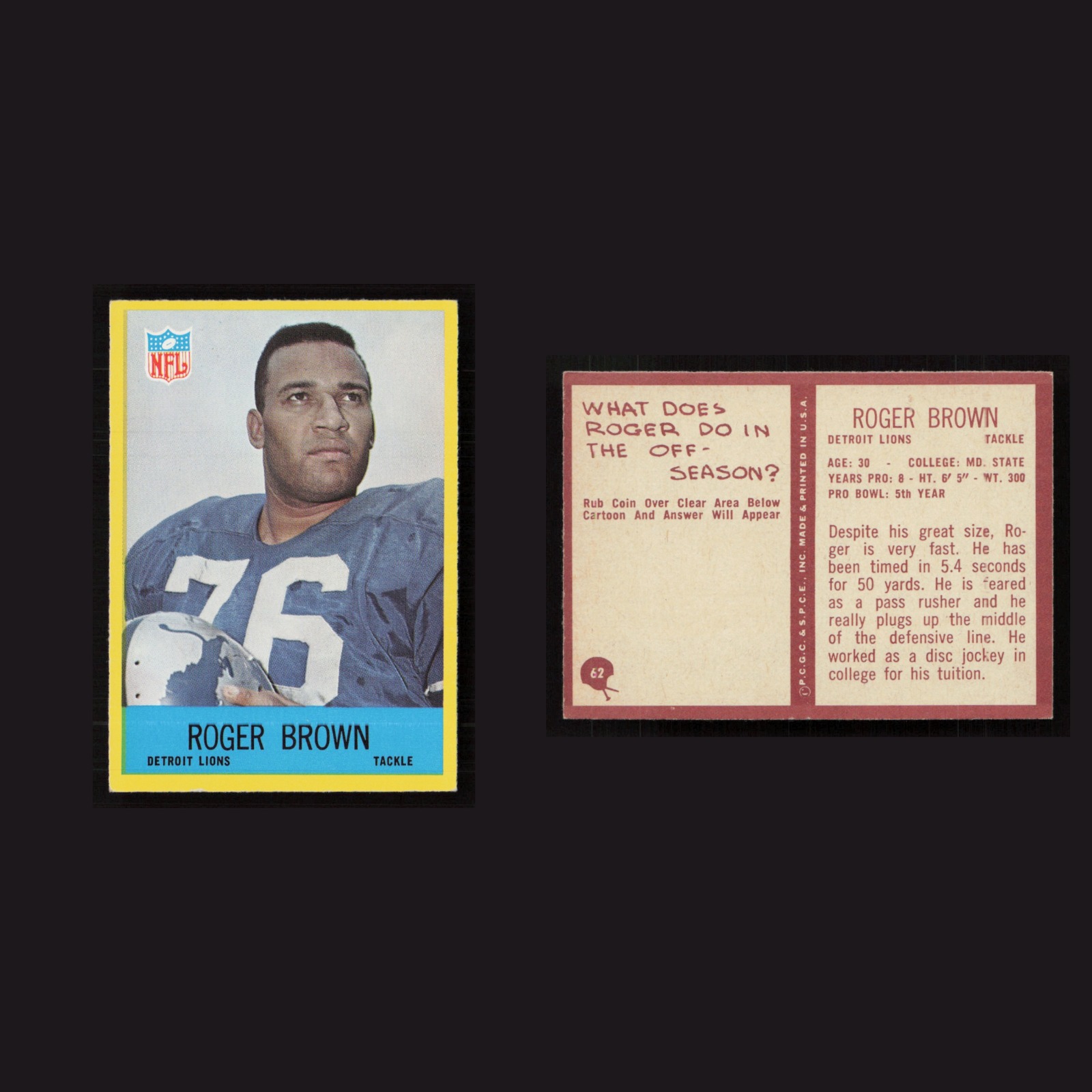 1967 Roger Brown #62 NM Philadelphia Detroit Lions Vintage Football Card NFL front and back scans. Card condition is Near Mint.