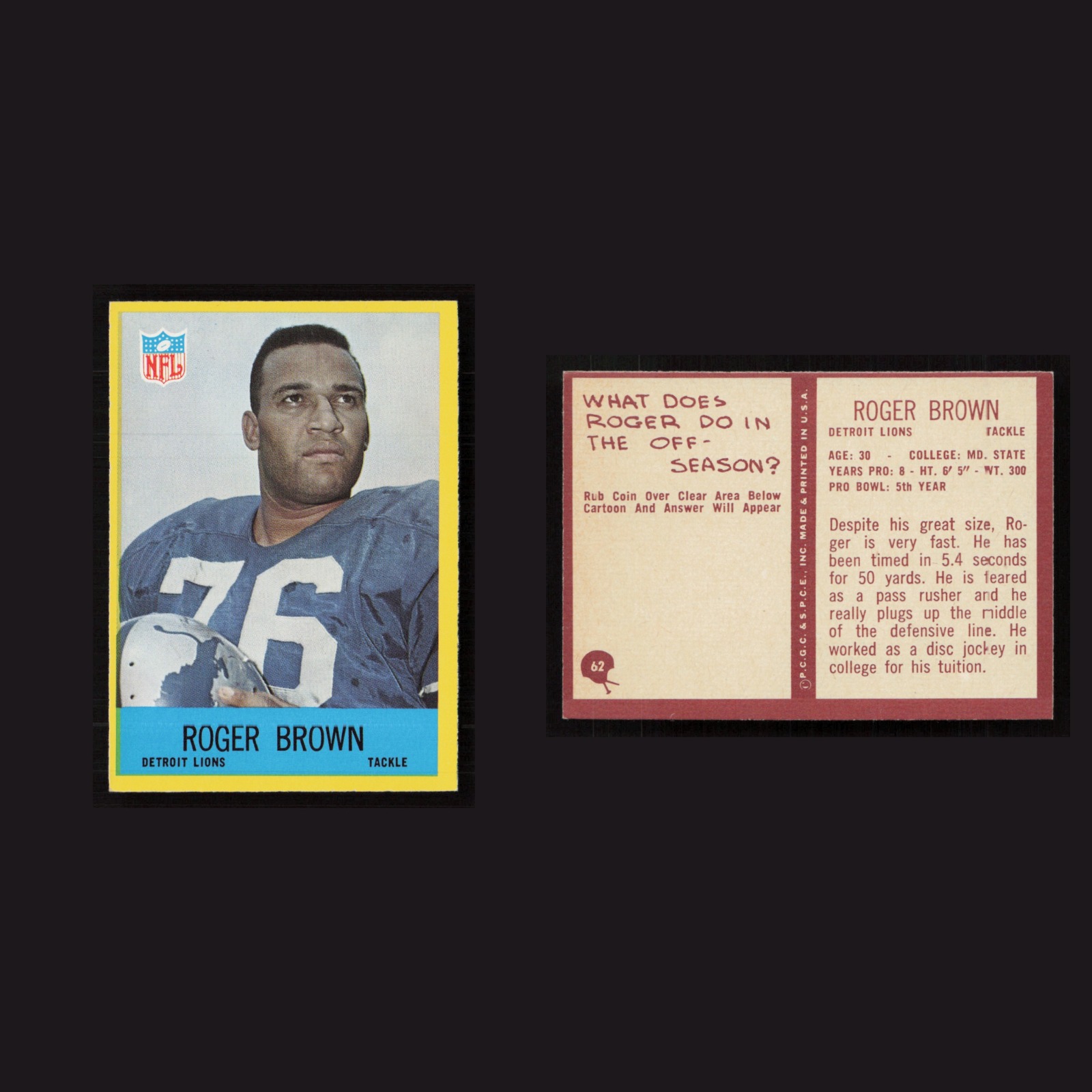 1967 Roger Brown #62 NM-MT Philadelphia Detroit Lions Vintage Football Card NFL front and back scans. Card condition is Near Mint.