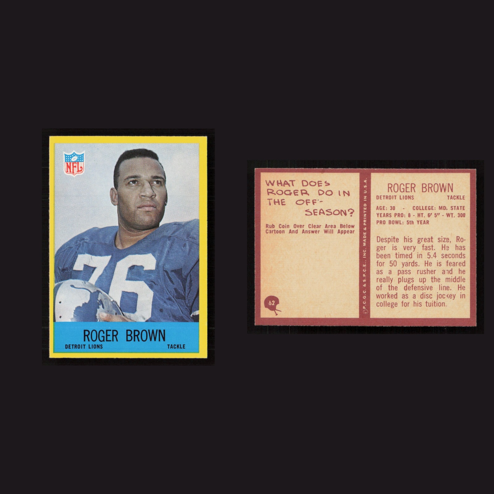 1967 Roger Brown #62 NM-MT Philadelphia Detroit Lions Vintage Football Card NFL front and back scans. Card condition is Near Mint.