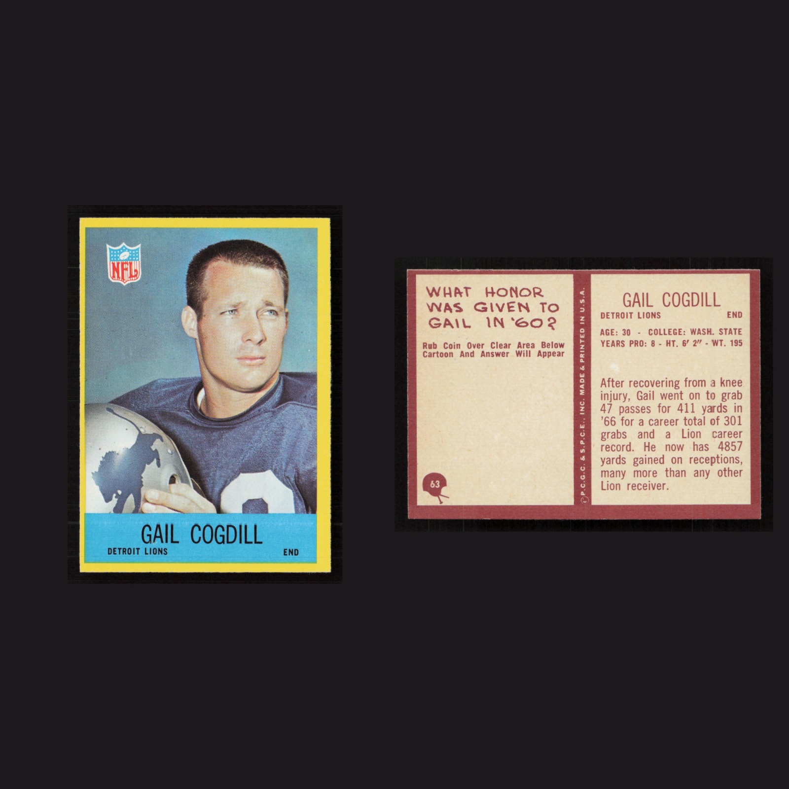 1967 Gail Cogdill #63 MINT Philadelphia Detroit Lions Vintage Football Card NFL front and back scans. Card condition is Near Mint.