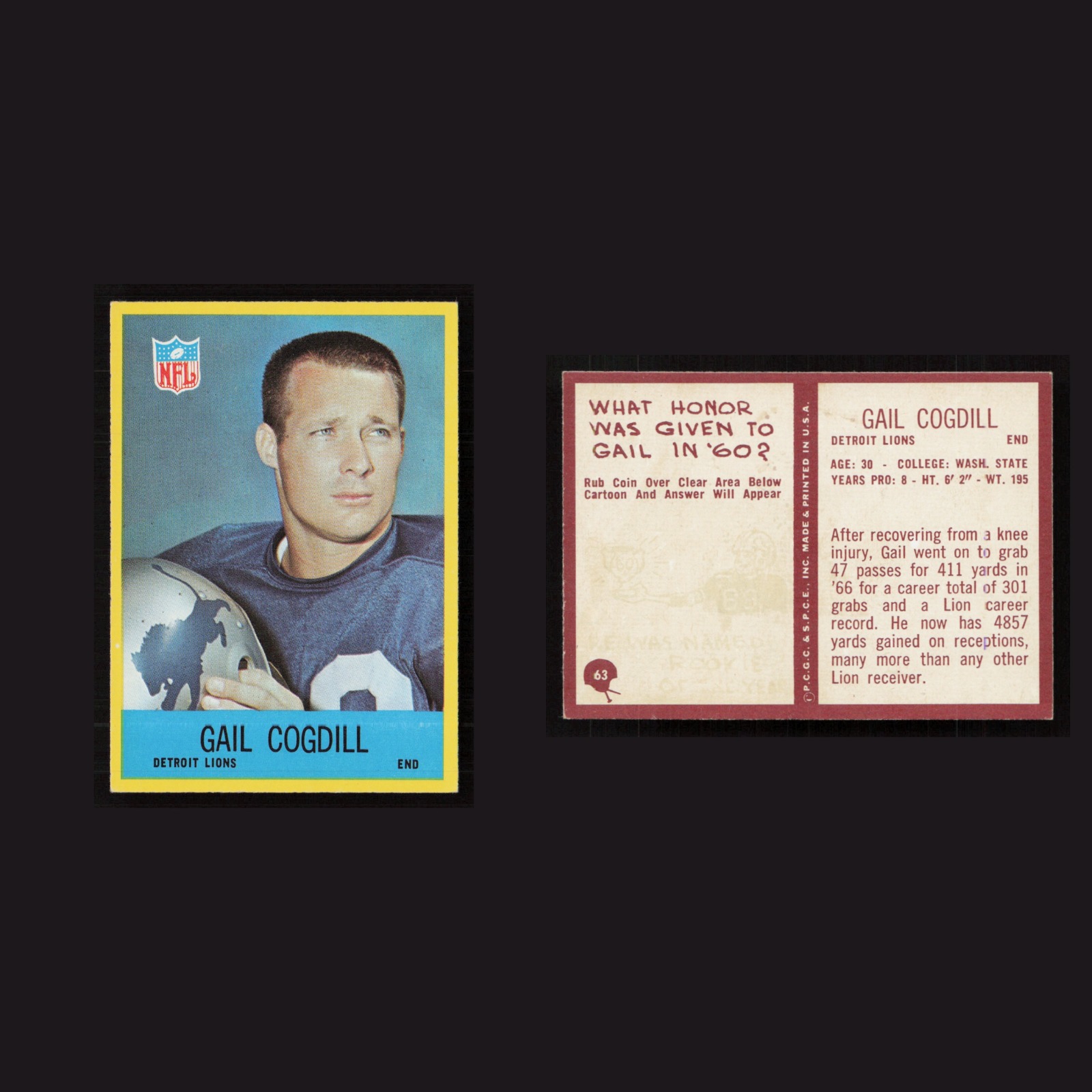 1967 Gail Cogdill #63 MINT Philadelphia Detroit Lions Vintage Football Card NFL front and back scans. Card condition is Near Mint.