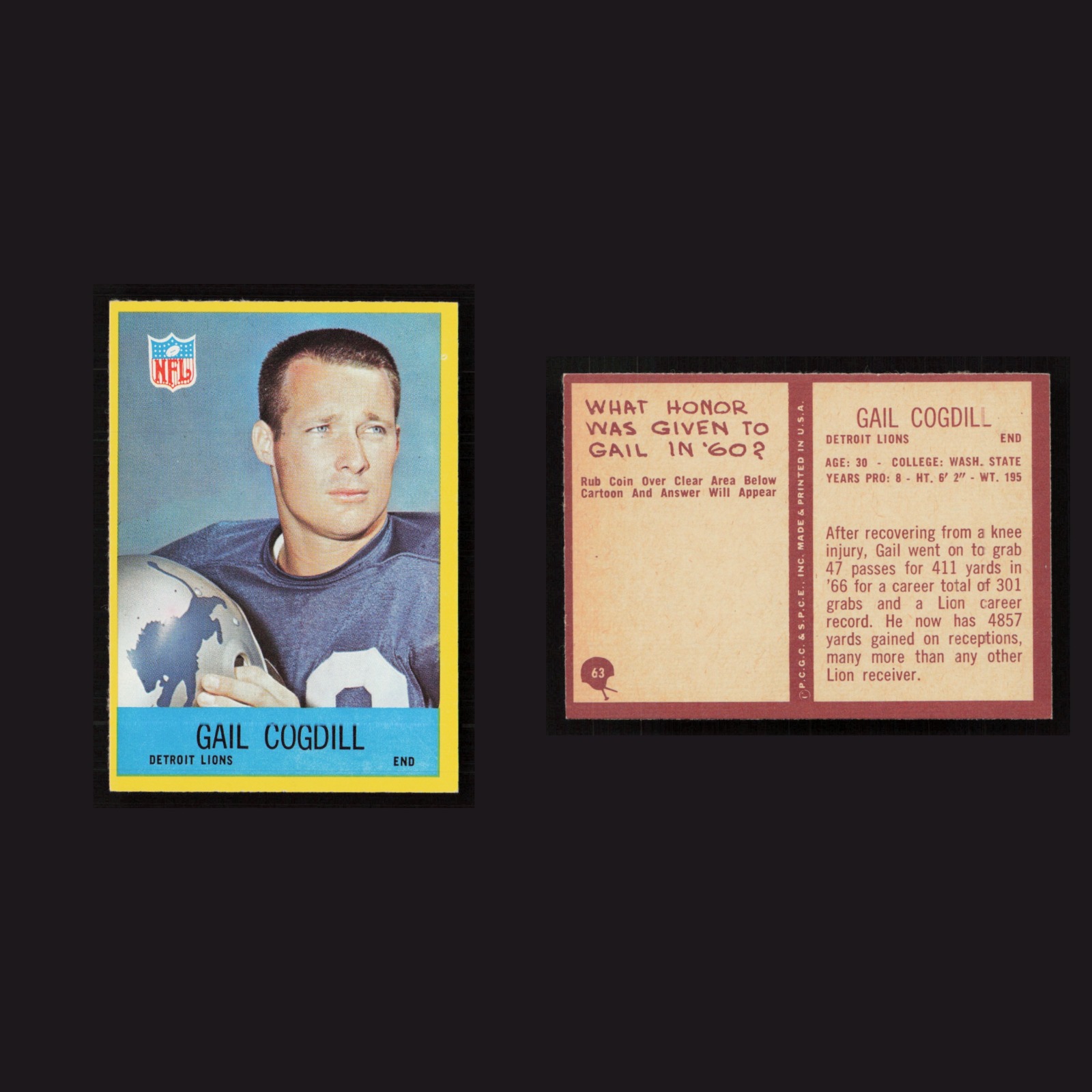 1967 Gail Cogdill #63 NM-MT Philadelphia Detroit Lions Vintage Football Card NFL front and back scans. Card condition is Near Mint.
