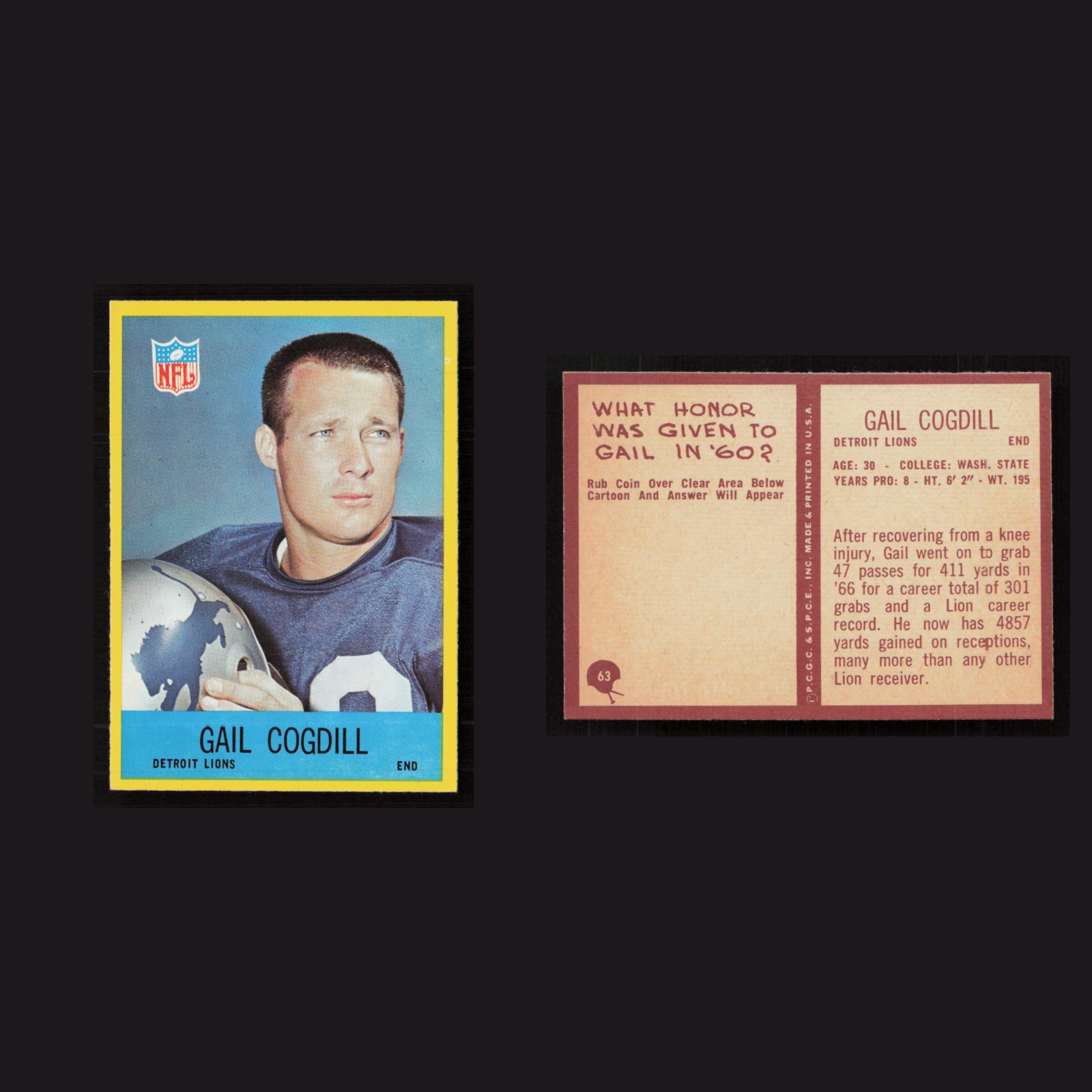 1967 Gail Cogdill #63 MINT Philadelphia Detroit Lions Vintage Football Card NFL front and back scans. Card condition is Near Mint.