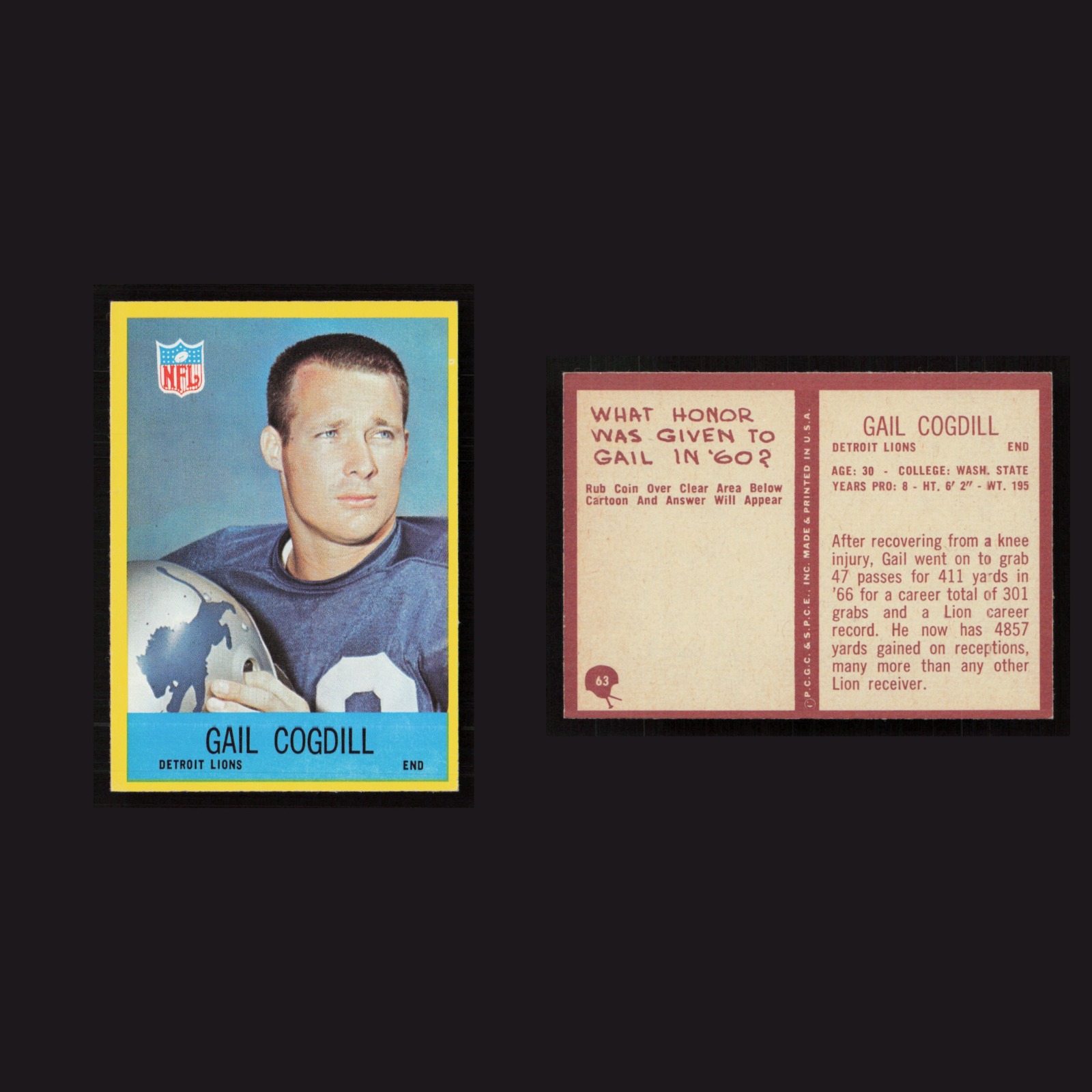 1967 Gail Cogdill #63 NM-MT Philadelphia Detroit Lions Vintage Football Card NFL front and back scans. Card condition is Near Mint.