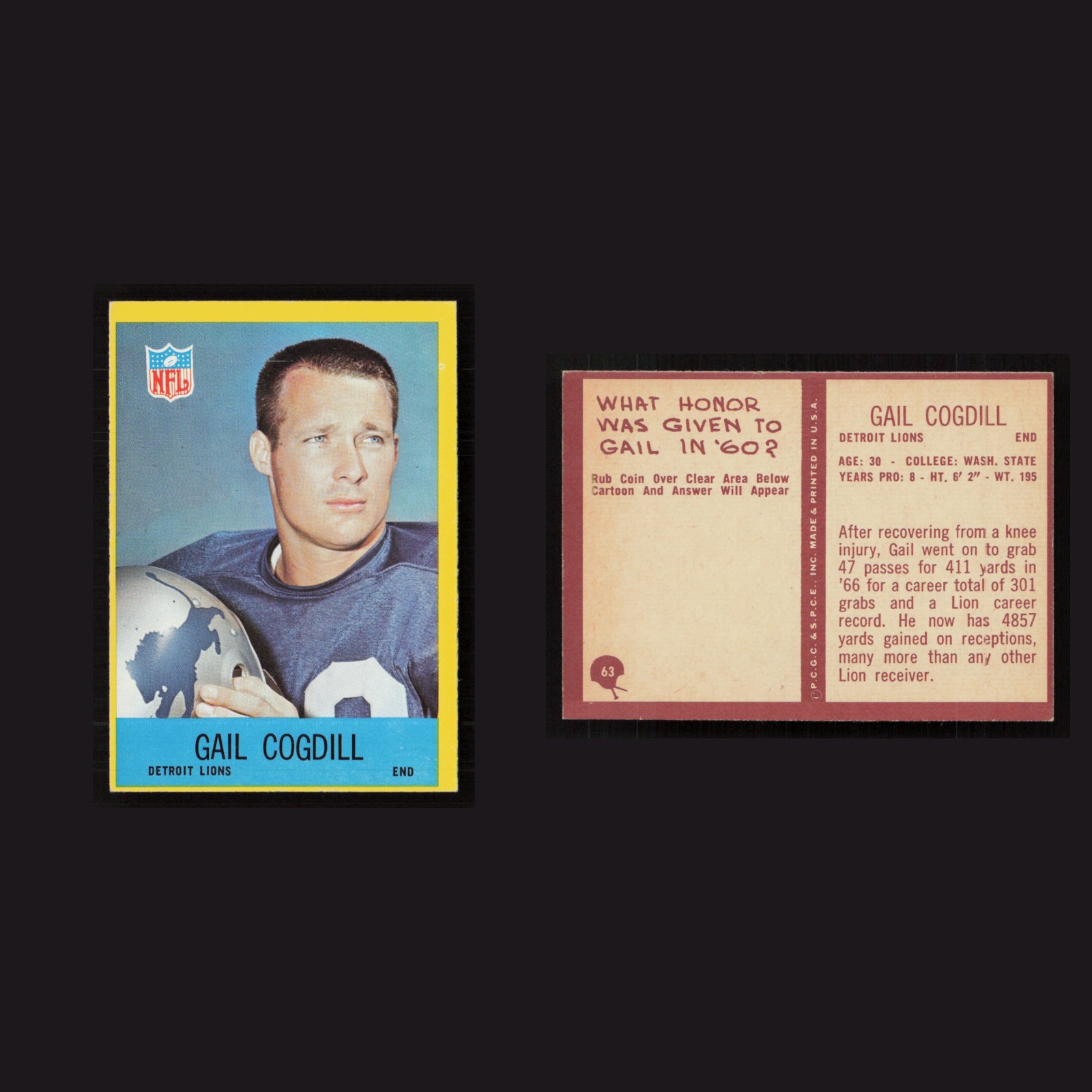 1967 Gail Cogdill #63 NM Philadelphia Detroit Lions Vintage Football Card NFL front and back scans. Card condition is Near Mint.