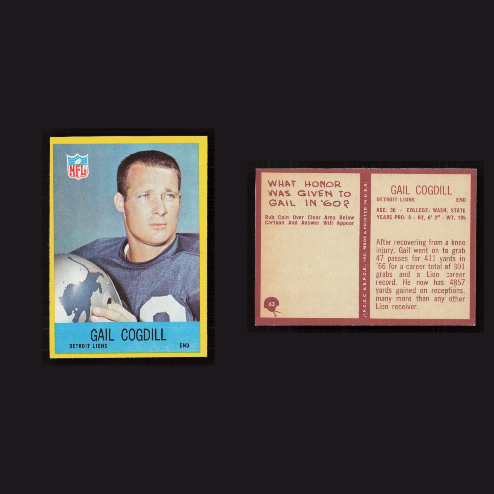 1967 Gail Cogdill #63 NM-MT Philadelphia Detroit Lions Vintage Football Card NFL front and back scans. Card condition is Near Mint.