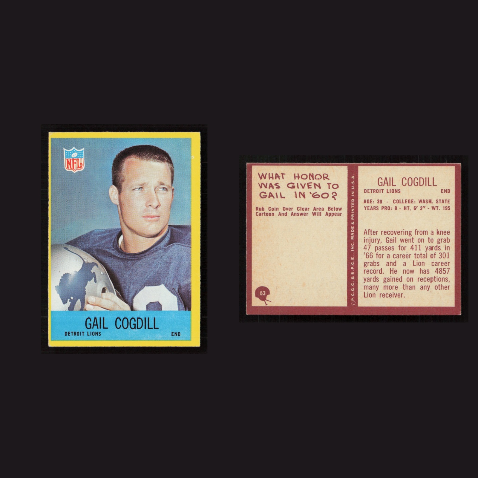 1967 Gail Cogdill #63 NM Philadelphia Detroit Lions Vintage Football Card NFL front and back scans. Card condition is Near Mint.