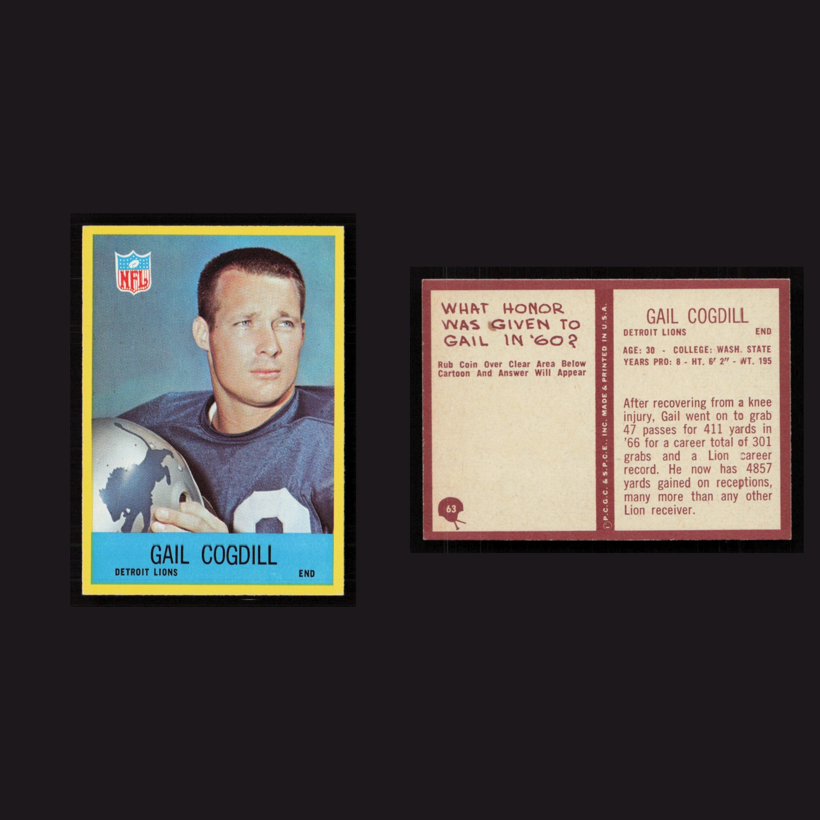 1967 Gail Cogdill #63 NM-MT Philadelphia Detroit Lions Vintage Football Card NFL front and back scans. Card condition is Near Mint.