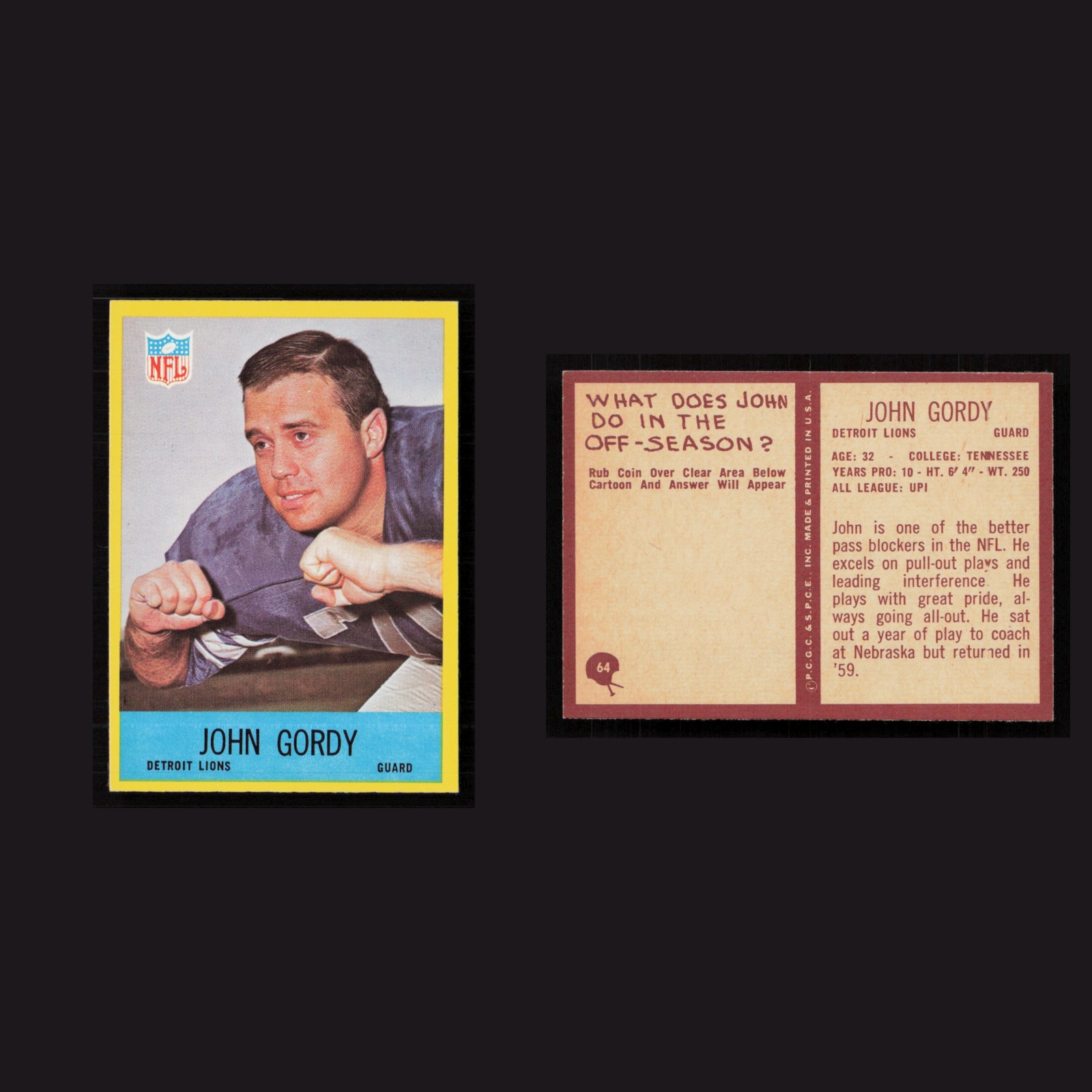 1967 John Gordy #64 MINT Philadelphia Detroit Lions Vintage Football Card NFL front and back scans. Card condition is Near Mint.