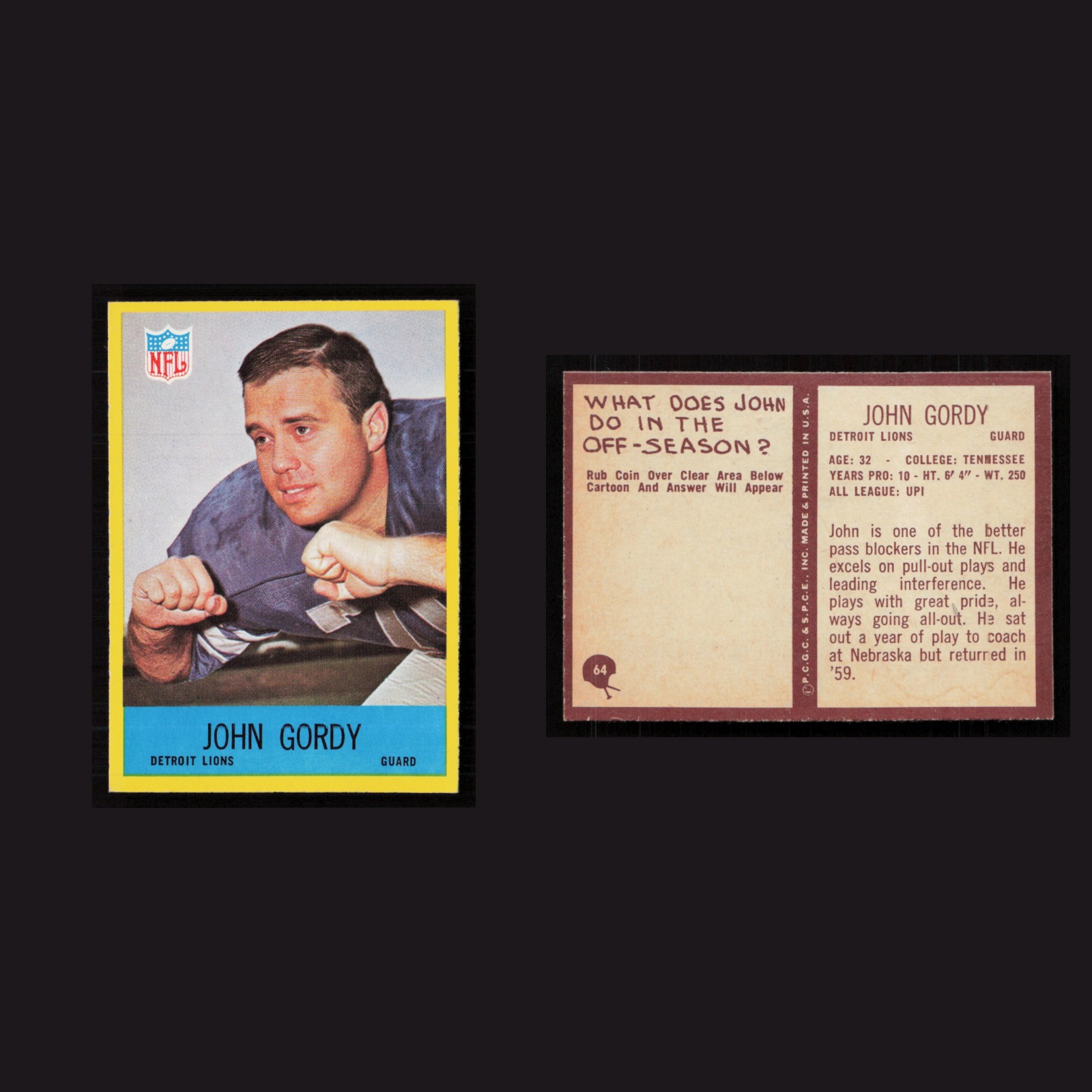 1967 John Gordy #64 MINT Philadelphia Detroit Lions Vintage Football Card NFL front and back scans. Card condition is Near Mint.