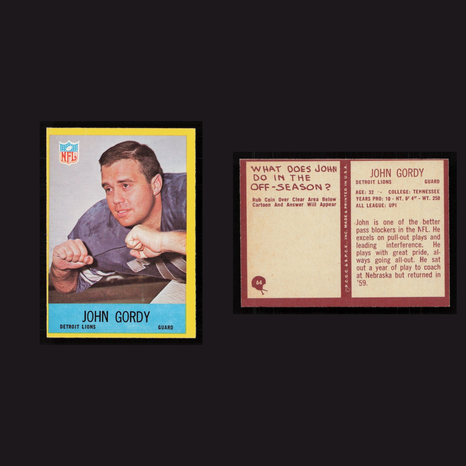 1967 John Gordy #64 EX-EXMINT Philadelphia Detroit Lions Vintage Football Card front and back scans. Card condition is Near Mint.