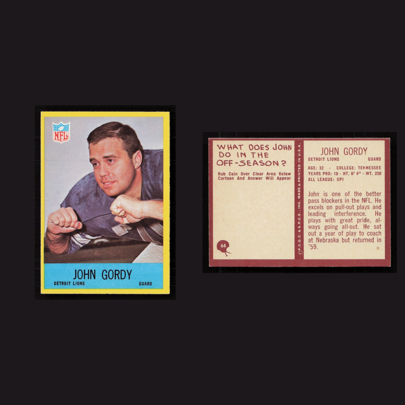 1967 John Gordy #64 NM-MT Philadelphia Detroit Lions Vintage Football Card NFL front and back scans. Card condition is Near Mint.