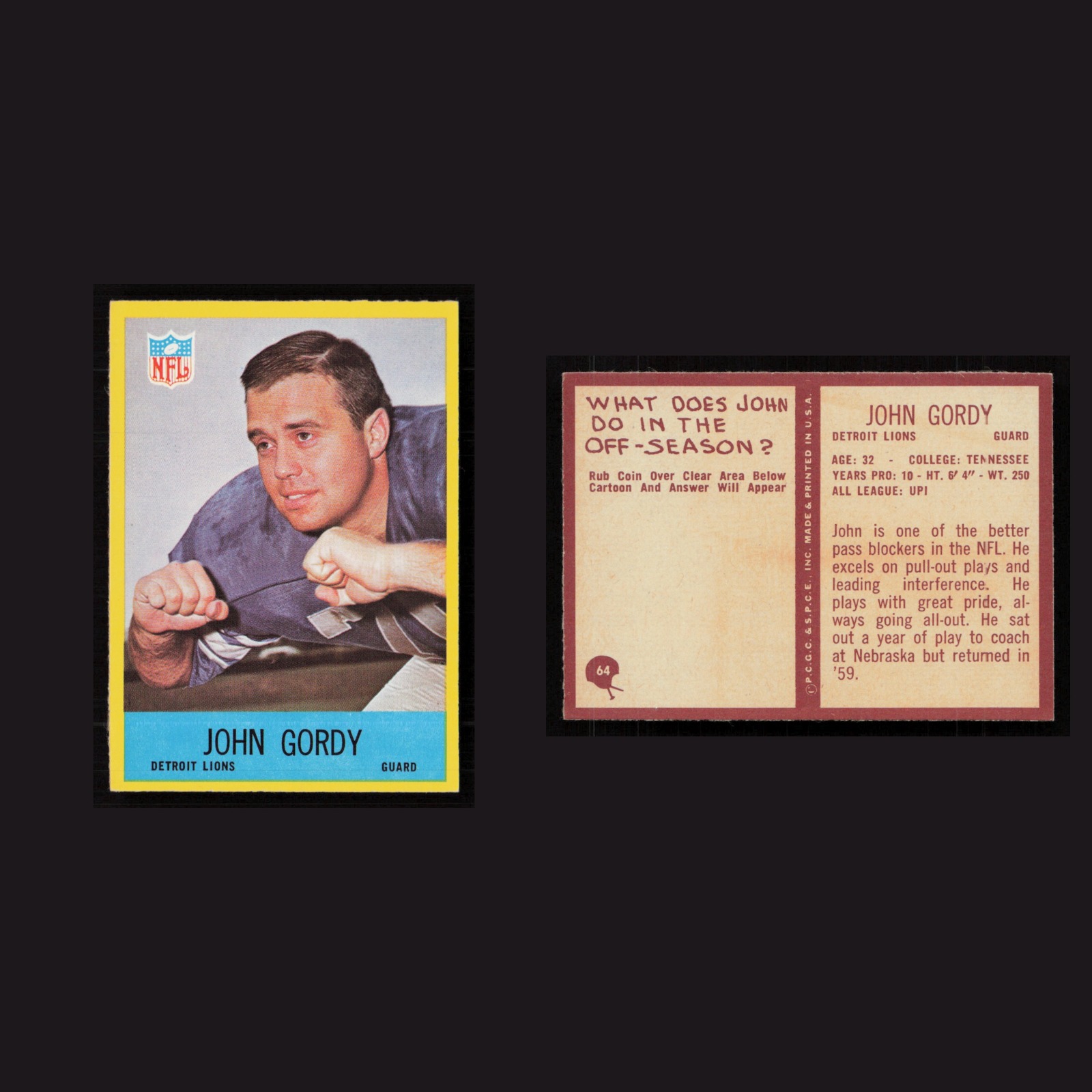 1967 John Gordy #64 NM-MT Philadelphia Detroit Lions Vintage Football Card NFL front and back scans. Card condition is Near Mint.