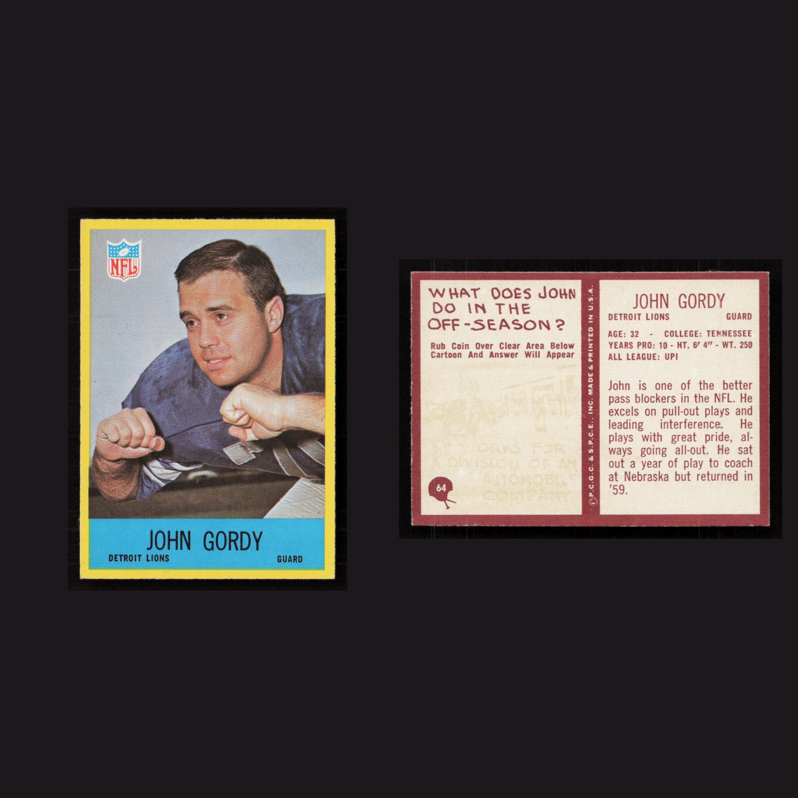 1967 John Gordy #64 MINT Philadelphia Detroit Lions Vintage Football Card NFL front and back scans. Card condition is Near Mint.