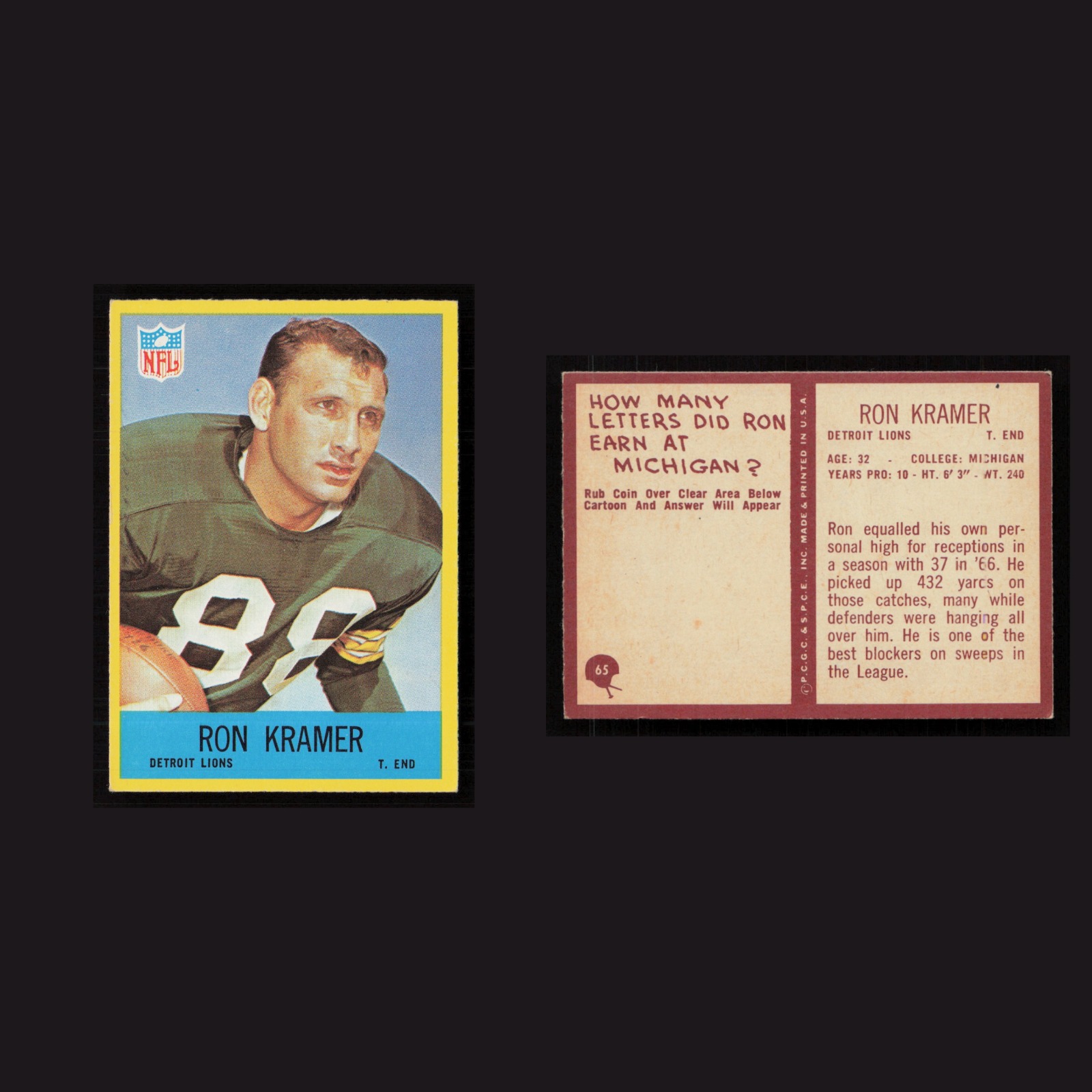 1967 Ron Kramer #65 NM-MT Philadelphia Detroit Lions Vintage Football Card NFL front and back scans. Card condition is Near Mint.