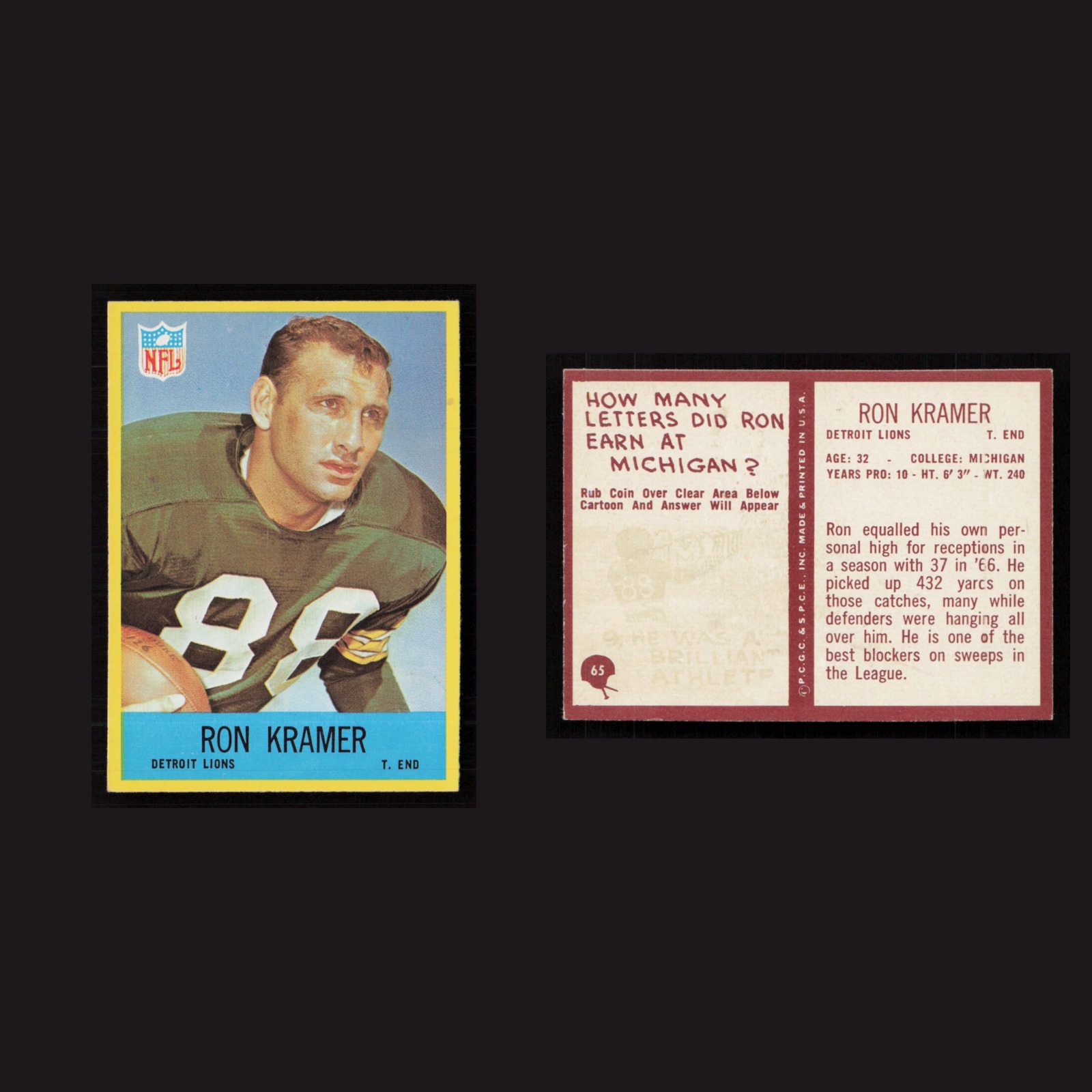1967 Ron Kramer #65 MINT Philadelphia Detroit Lions Vintage Football Card NFL front and back scans. Card condition is Near Mint.