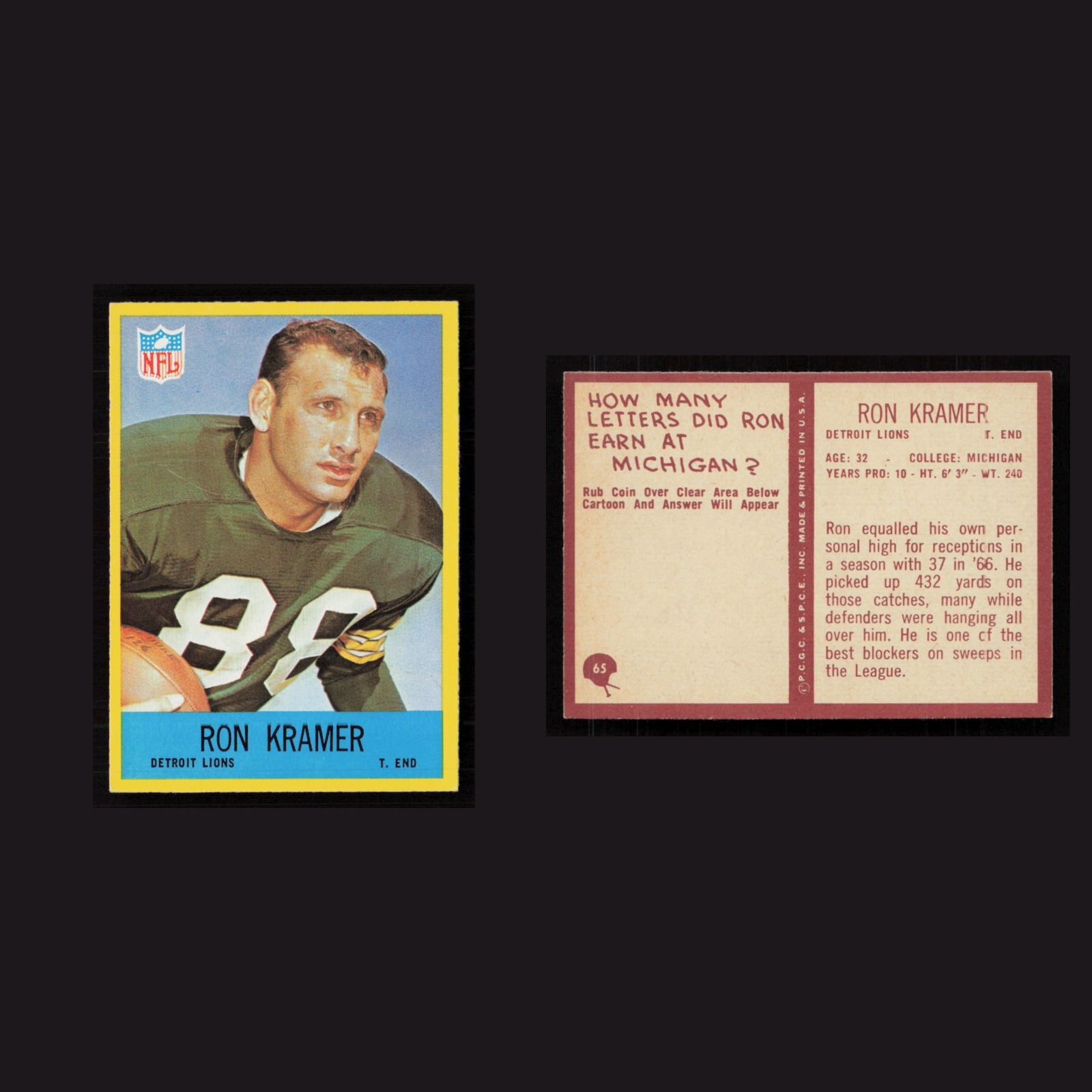 1967 Ron Kramer #65 MINT Philadelphia Detroit Lions Vintage Football Card NFL front and back scans. Card condition is Near Mint.