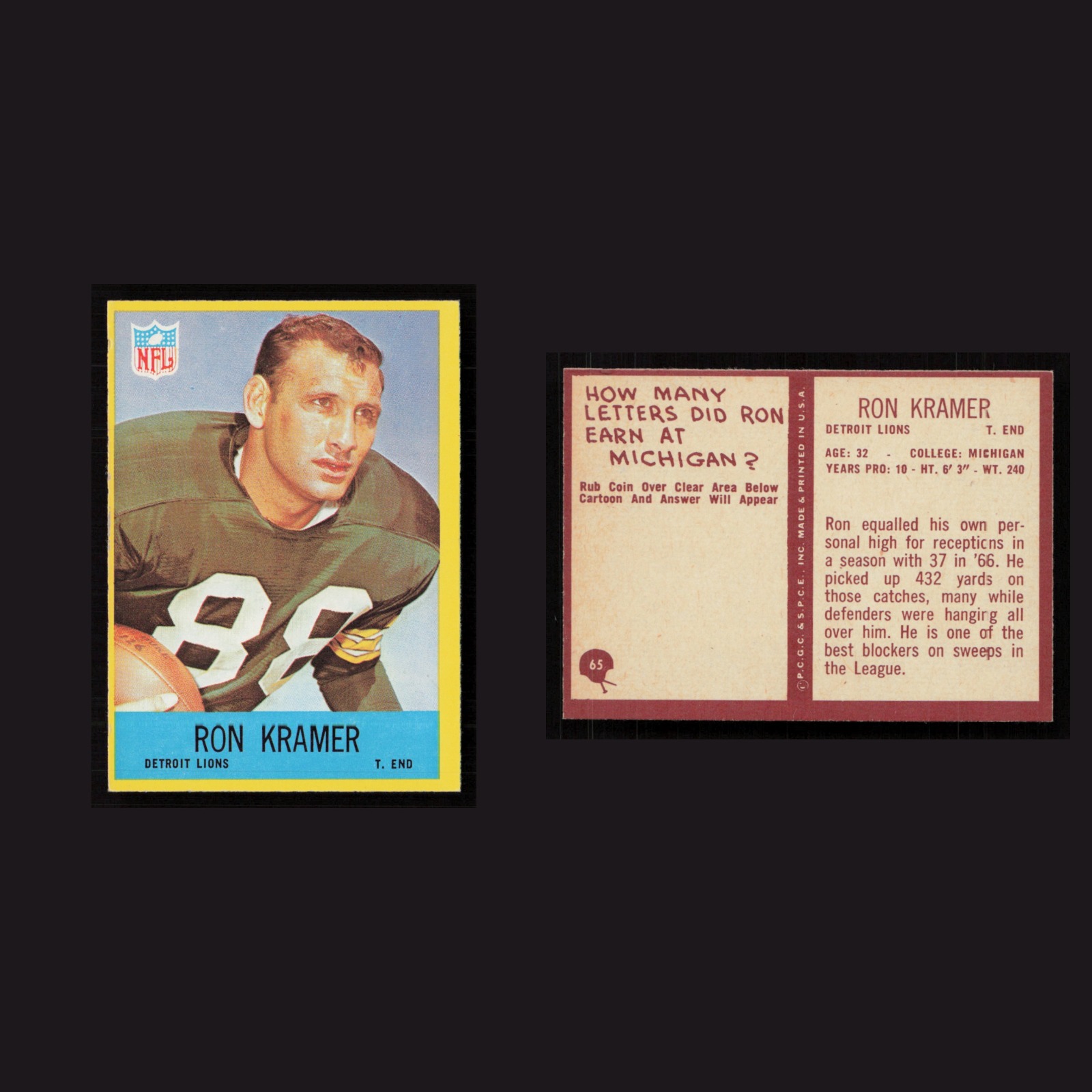 1967 Ron Kramer #65 NM-MT Philadelphia Detroit Lions Vintage Football Card NFL front and back scans. Card condition is Near Mint.