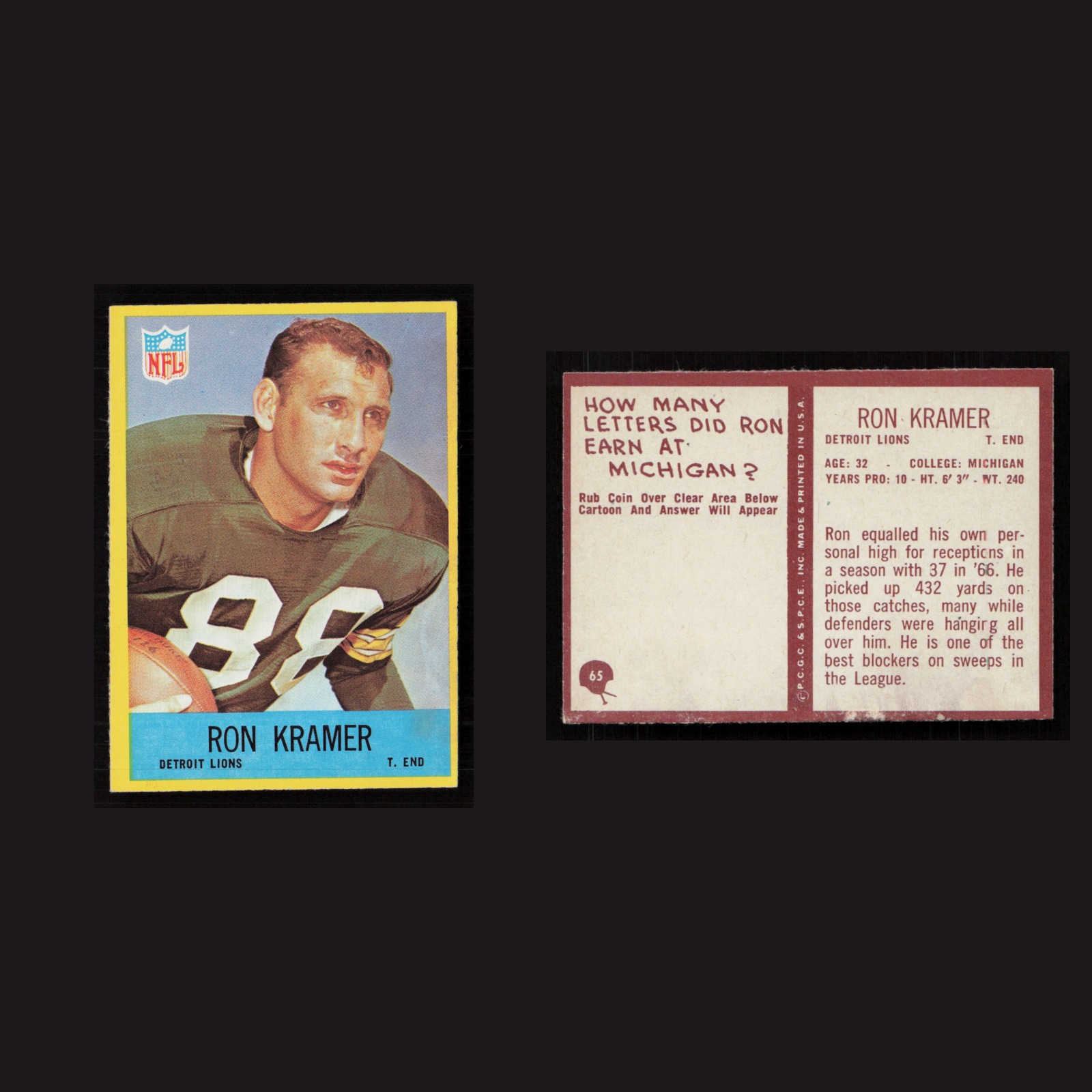 1967 Ron Kramer #65 EX-EXMINT Philadelphia Detroit Lions Vintage Football Card front and back scans. Card condition is Near Mint.