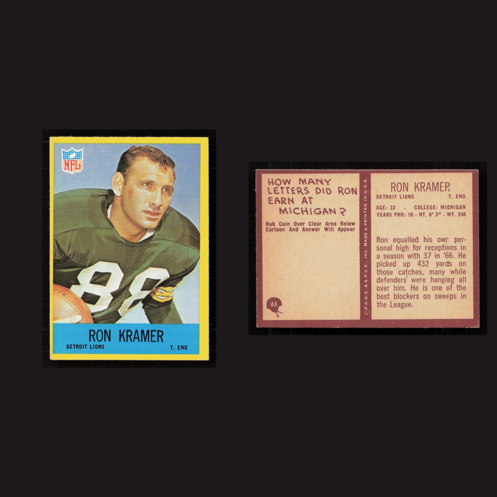 1967 Ron Kramer #65 NM Philadelphia Detroit Lions Vintage Football Card NFL front and back scans. Card condition is Near Mint.