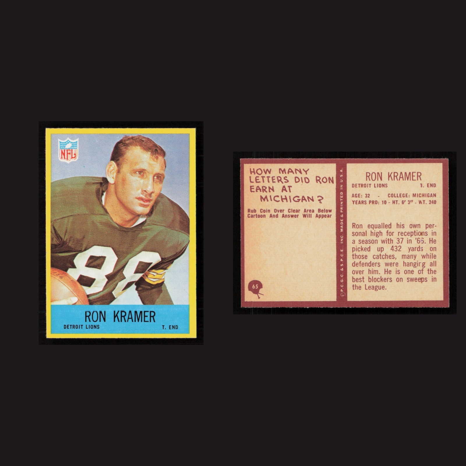 1967 Ron Kramer #65 NM-MT Philadelphia Detroit Lions Vintage Football Card NFL front and back scans. Card condition is Near Mint.