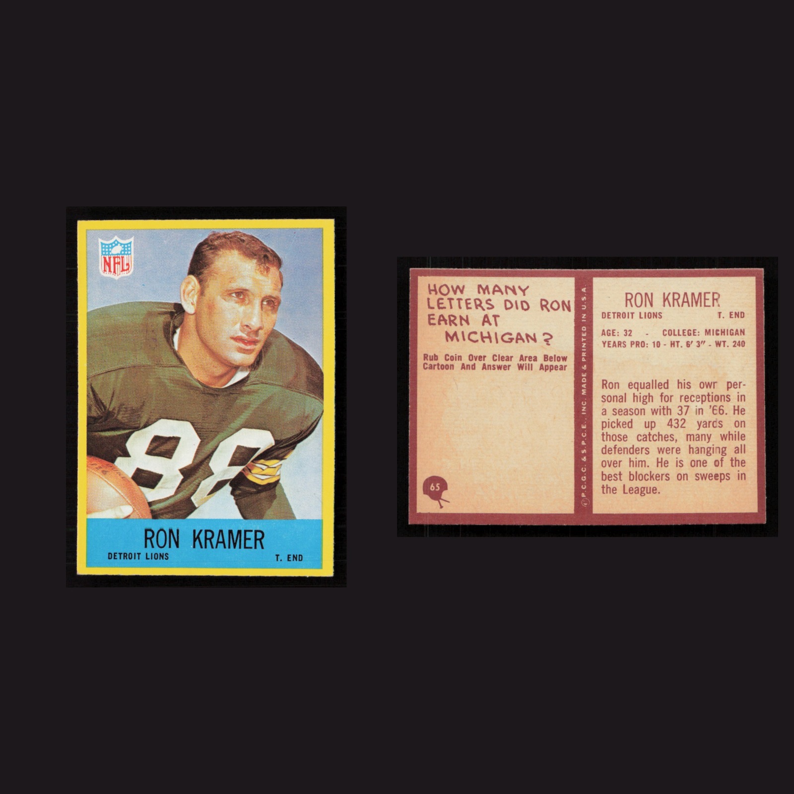 1967 Ron Kramer #65 NM-MT Philadelphia Detroit Lions Vintage Football Card NFL front and back scans. Card condition is Near Mint.
