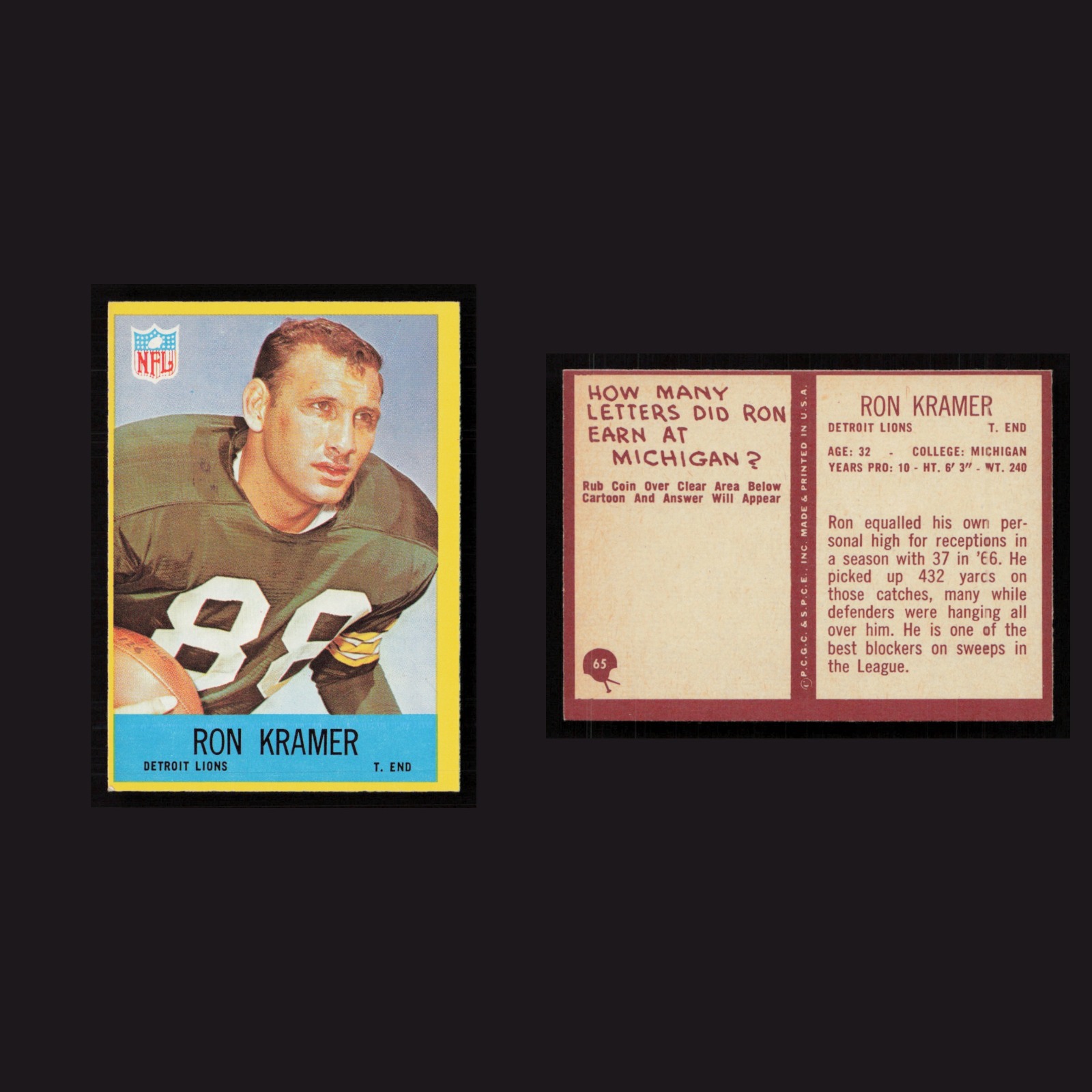 1967 Ron Kramer #65 NM Philadelphia Detroit Lions Vintage Football Card NFL front and back scans. Card condition is Near Mint.