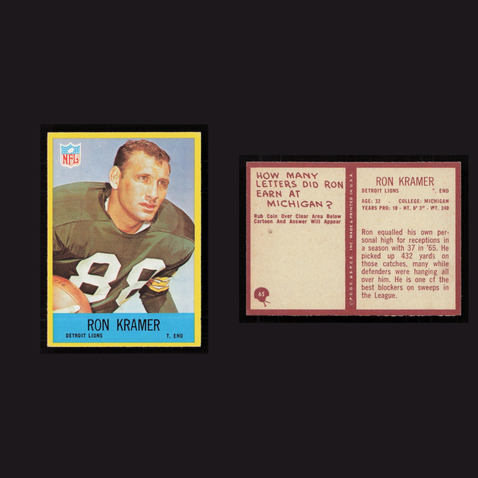 1967 Ron Kramer #65 NM-MT Philadelphia Detroit Lions Vintage Football Card NFL front and back scans. Card condition is Near Mint.