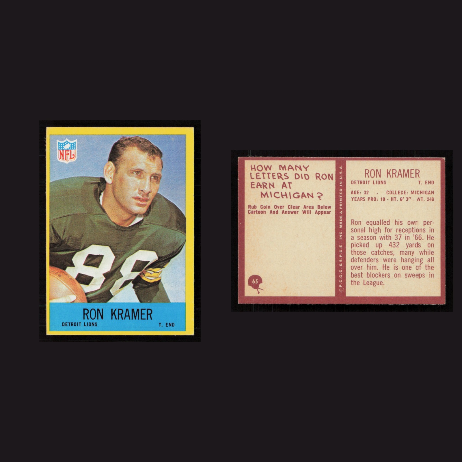 1967 Ron Kramer #65 NM Philadelphia Detroit Lions Vintage Football Card NFL front and back scans. Card condition is Near Mint.