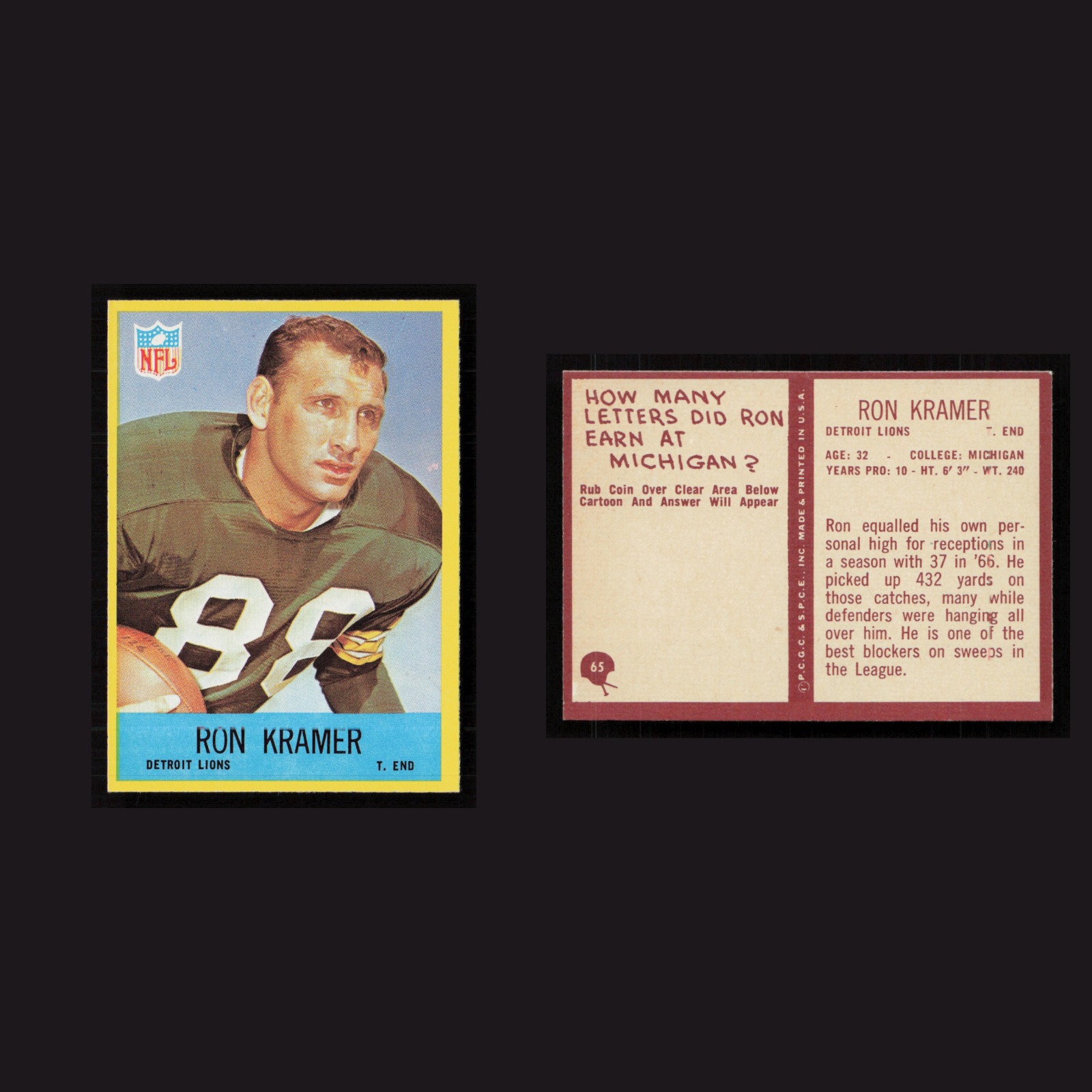 1967 Ron Kramer #65 NM Philadelphia Detroit Lions Vintage Football Card NFL front and back scans. Card condition is Near Mint.