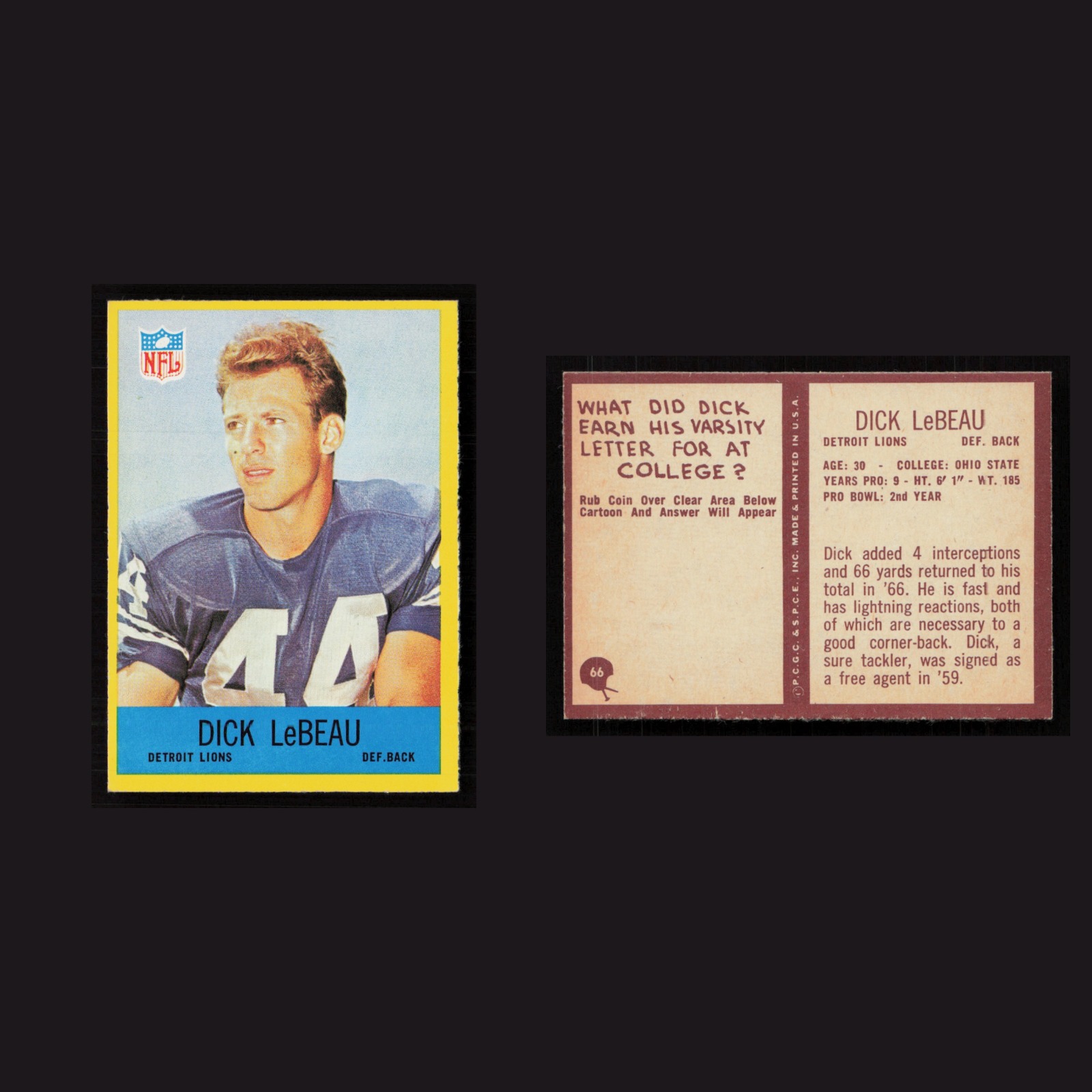 1967 Dick LeBeau #66 NM Philadelphia Detroit Lions Vintage Football Card NFL front and back scans. Card condition is Near Mint.