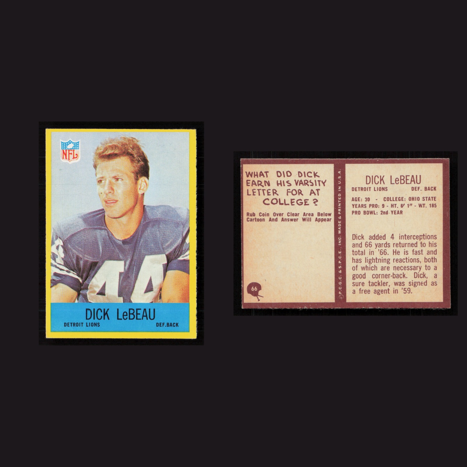 1967 Dick LeBeau #66 NM Philadelphia Detroit Lions Vintage Football Card NFL front and back scans. Card condition is Near Mint.