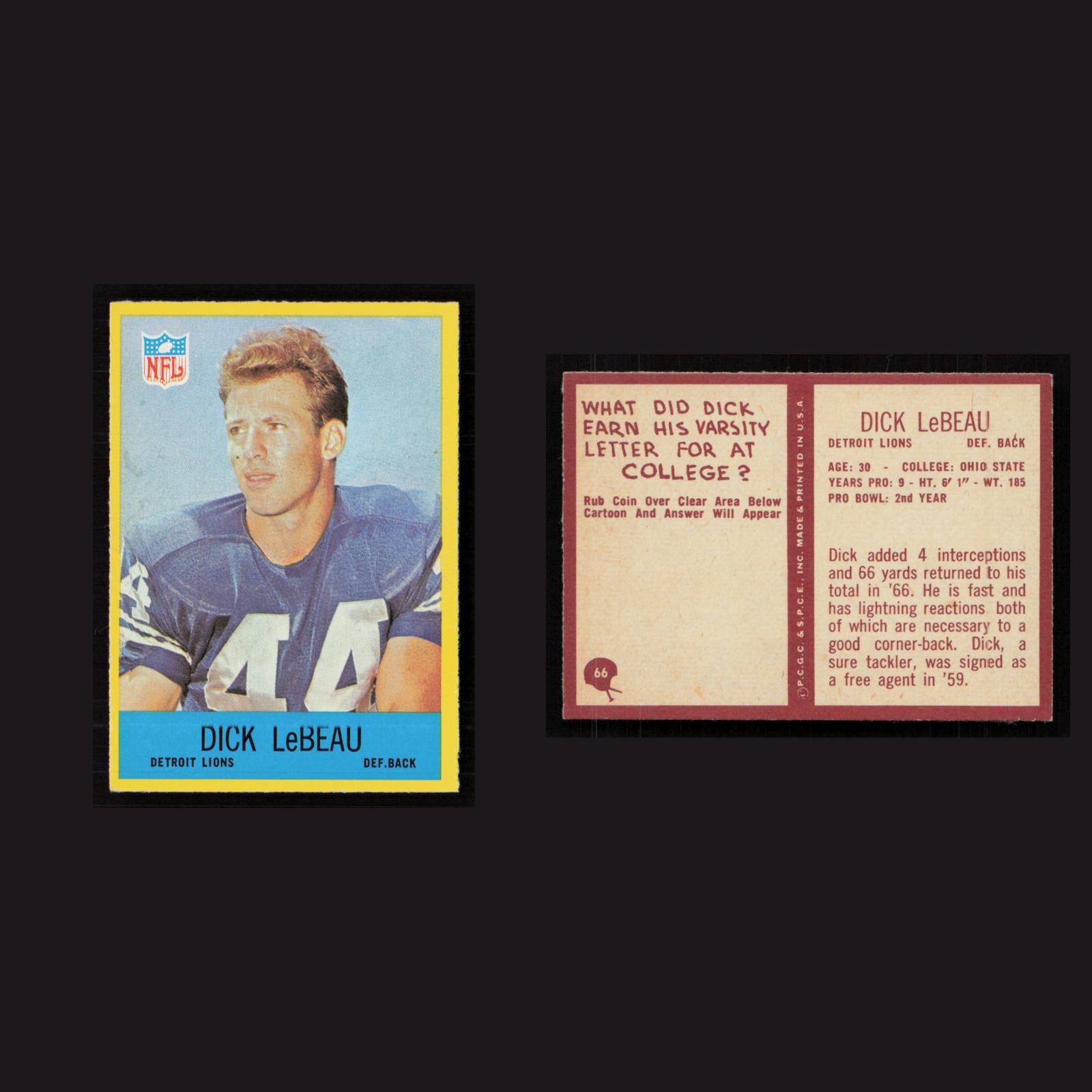 1967 Dick LeBeau #66 NM-MT Philadelphia Detroit Lions Vintage Football Card NFL front and back scans. Card condition is Near Mint.