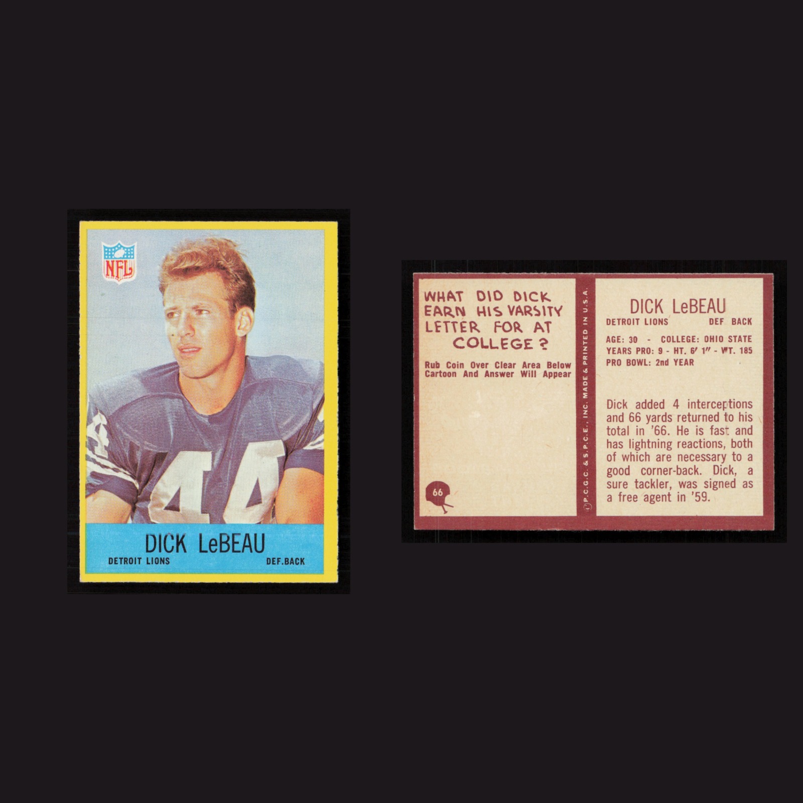 1967 Dick LeBeau #66 NM Philadelphia Detroit Lions Vintage Football Card NFL front and back scans. Card condition is Near Mint.
