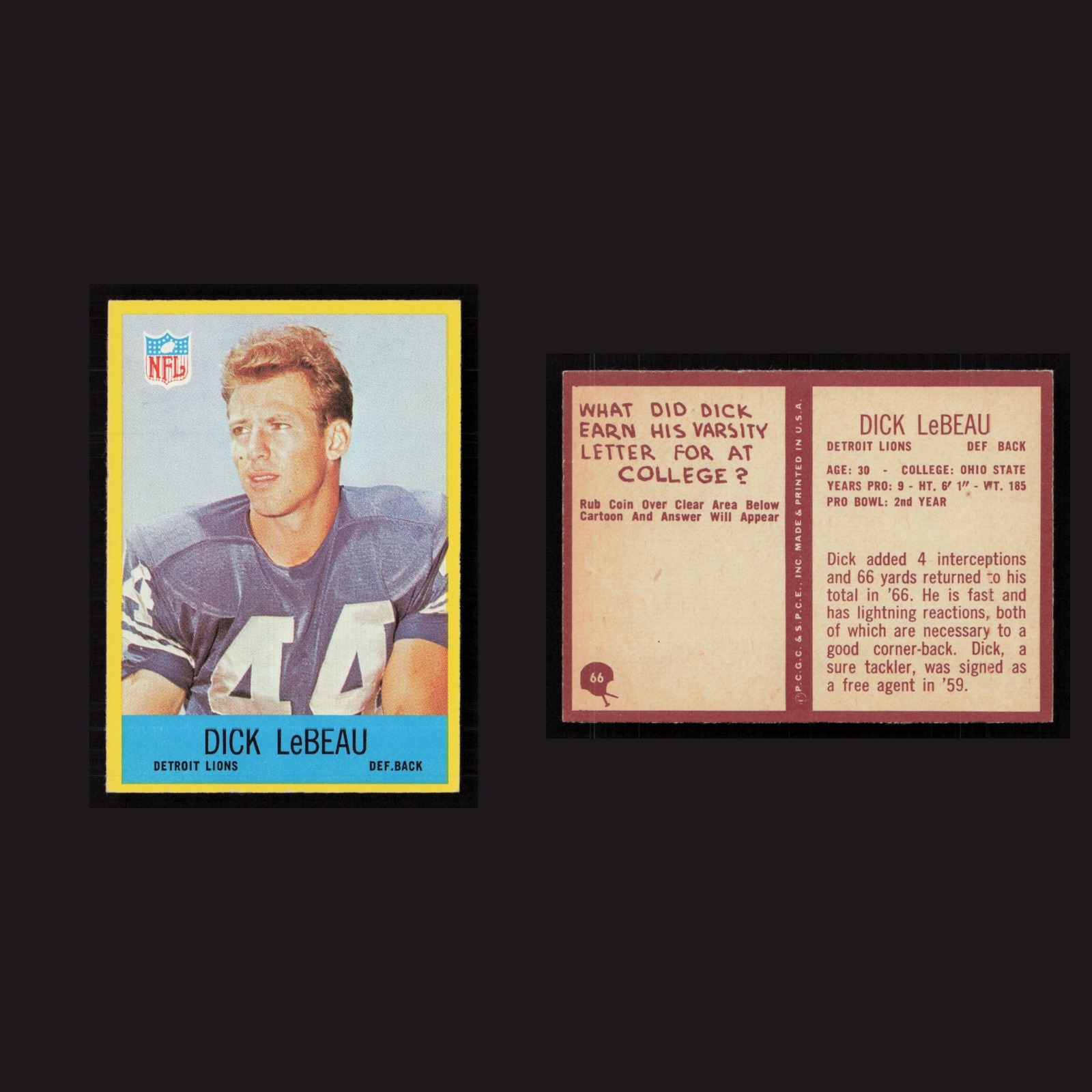 1967 Dick LeBeau #66 NM-MT Philadelphia Detroit Lions Vintage Football Card NFL front and back scans. Card condition is Near Mint.