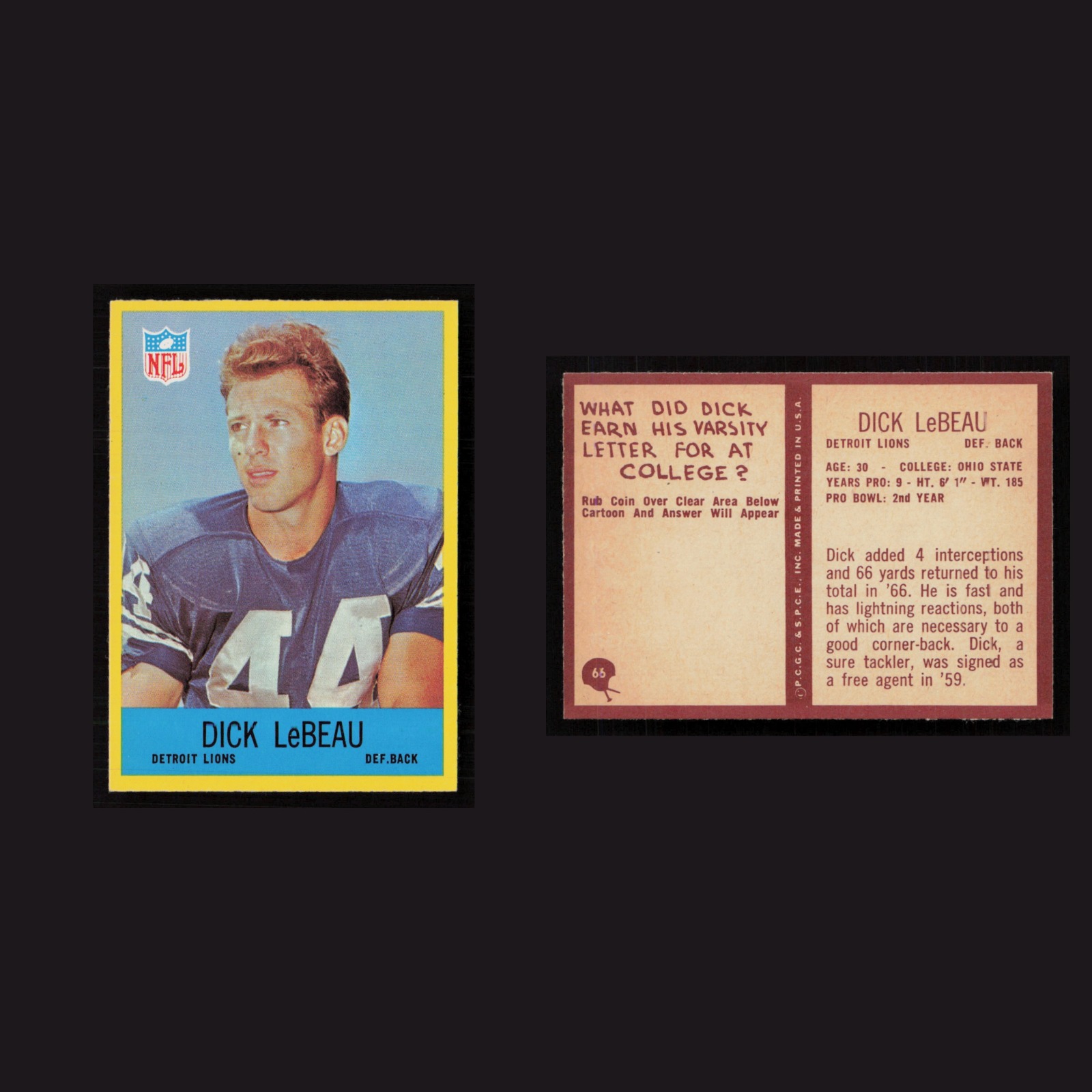 1967 Dick LeBeau #66 MINT Philadelphia Detroit Lions Vintage Football Card NFL front and back scans. Card condition is Near Mint.
