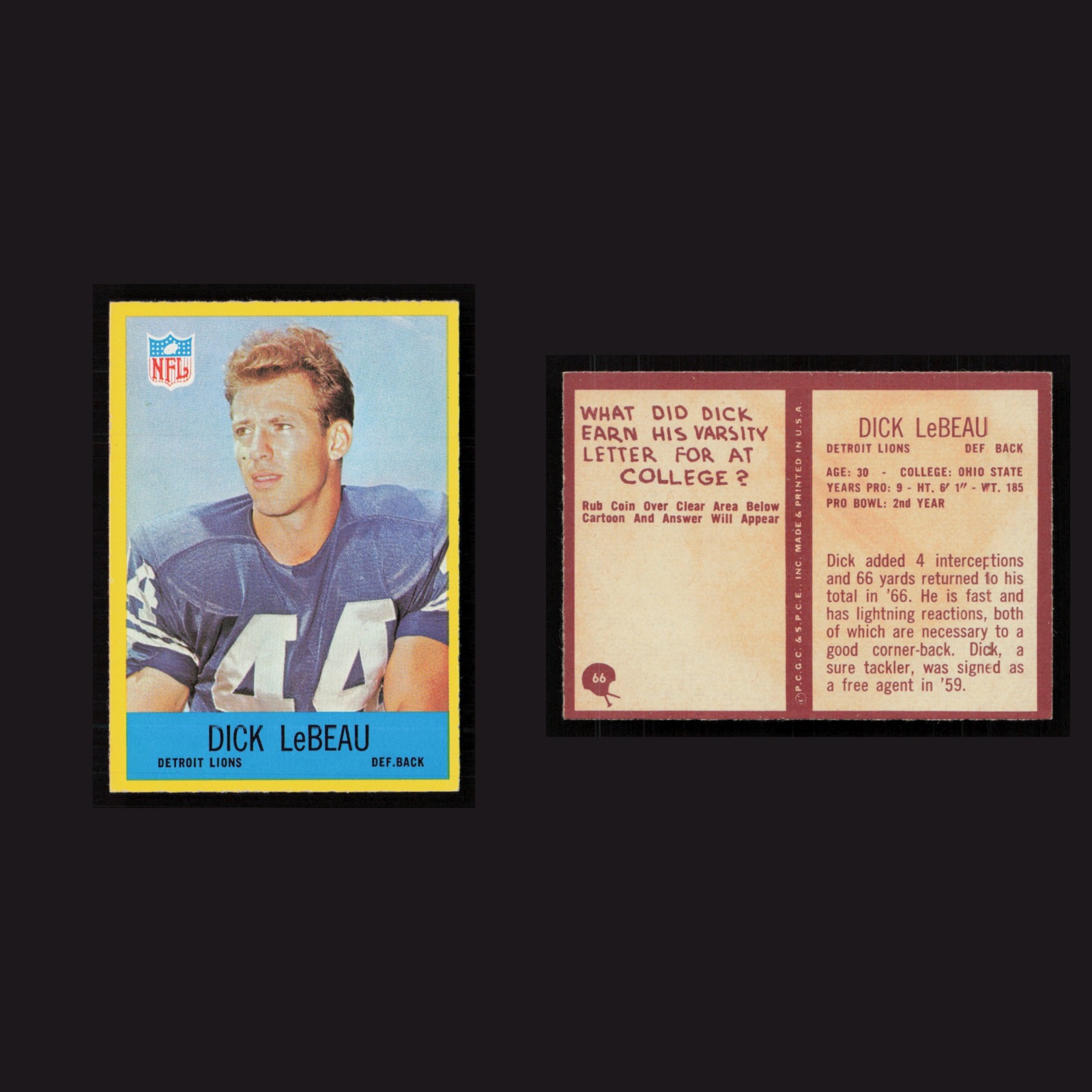 1967 Dick LeBeau #66 NM Philadelphia Detroit Lions Vintage Football Card NFL front and back scans. Card condition is Near Mint.