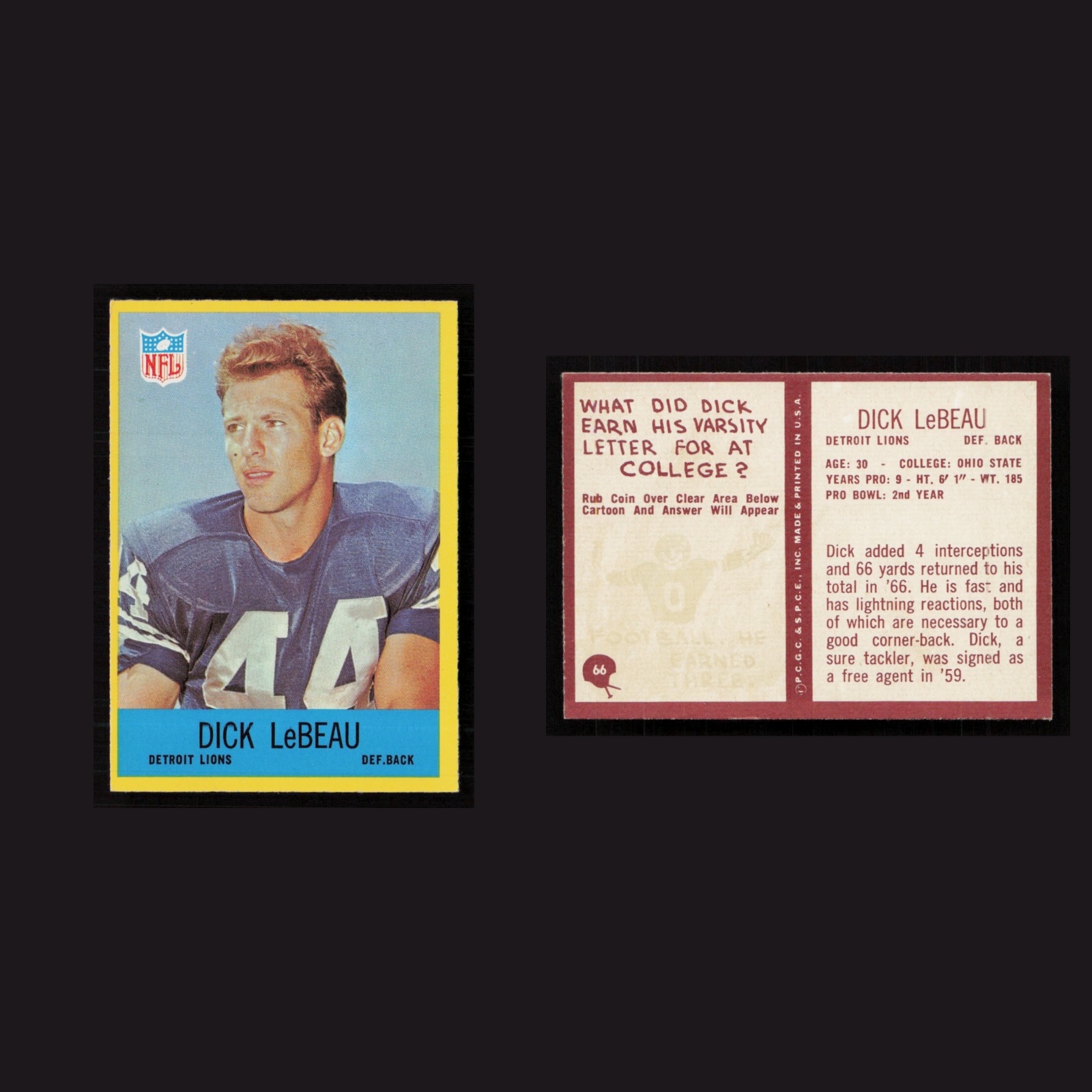 1967 Dick LeBeau #66 NM-MT Philadelphia Detroit Lions Vintage Football Card NFL front and back scans. Card condition is Near Mint.