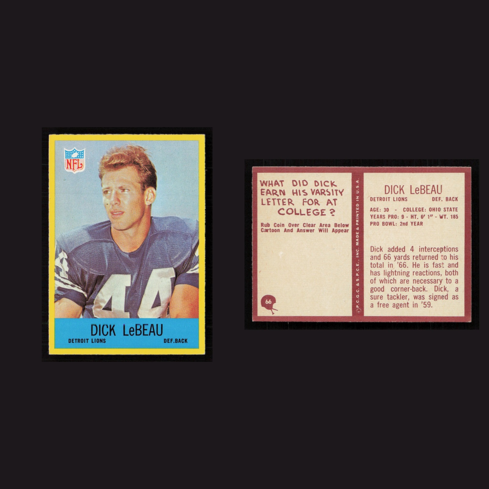 1967 Dick LeBeau #66 MINT Philadelphia Detroit Lions Vintage Football Card NFL front and back scans. Card condition is Near Mint.