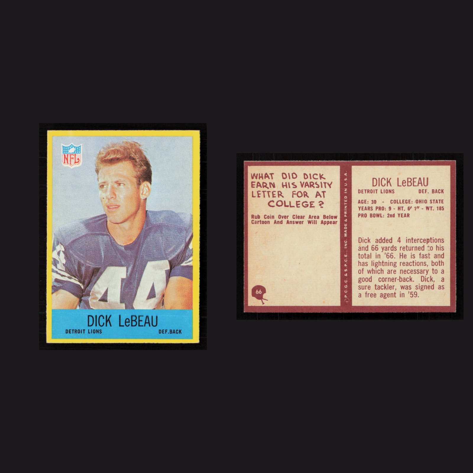 1967 Dick LeBeau #66 NM-MT Philadelphia Detroit Lions Vintage Football Card NFL front and back scans. Card condition is Near Mint.
