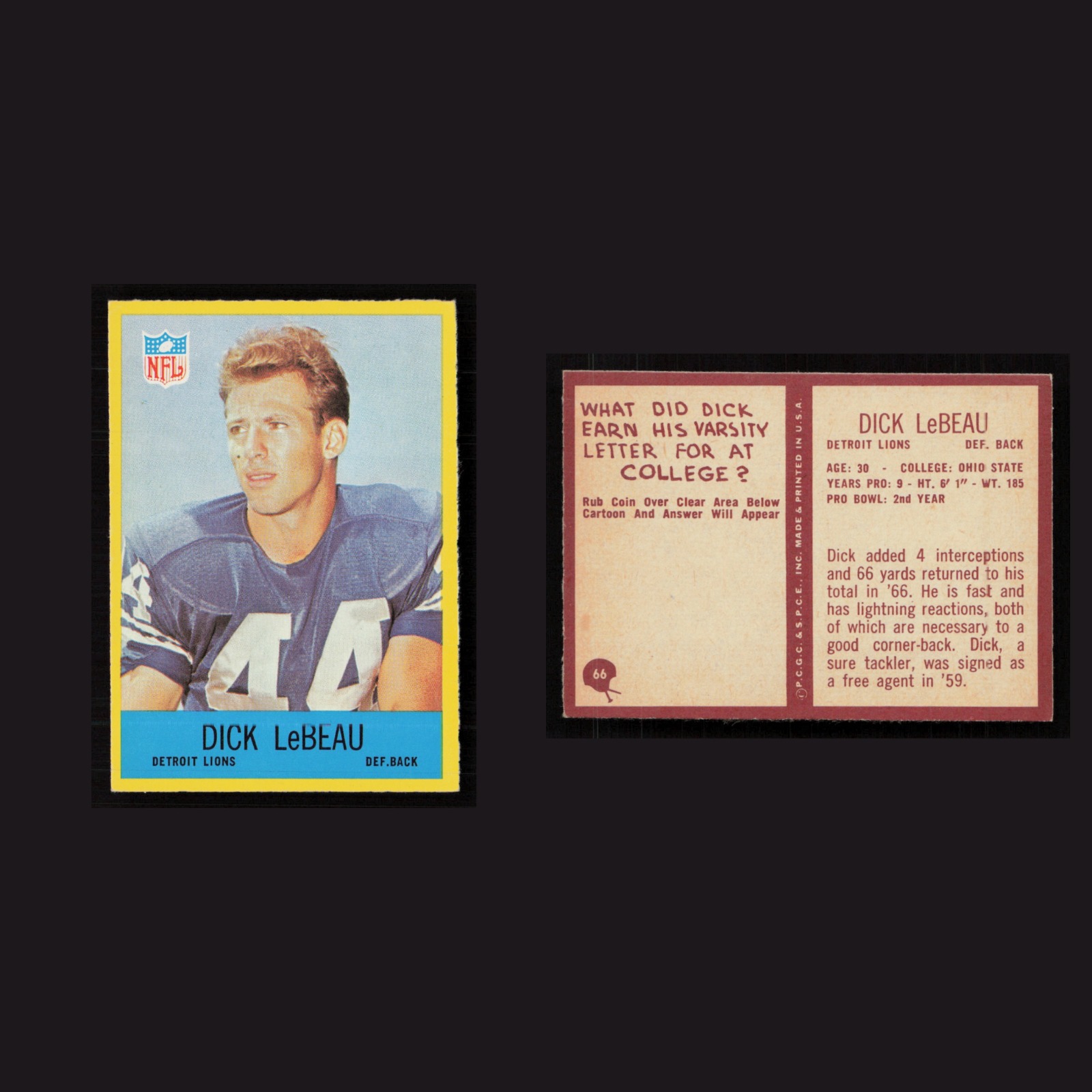 1967 Dick LeBeau #66 NM-MT Philadelphia Detroit Lions Vintage Football Card NFL front and back scans. Card condition is Near Mint.