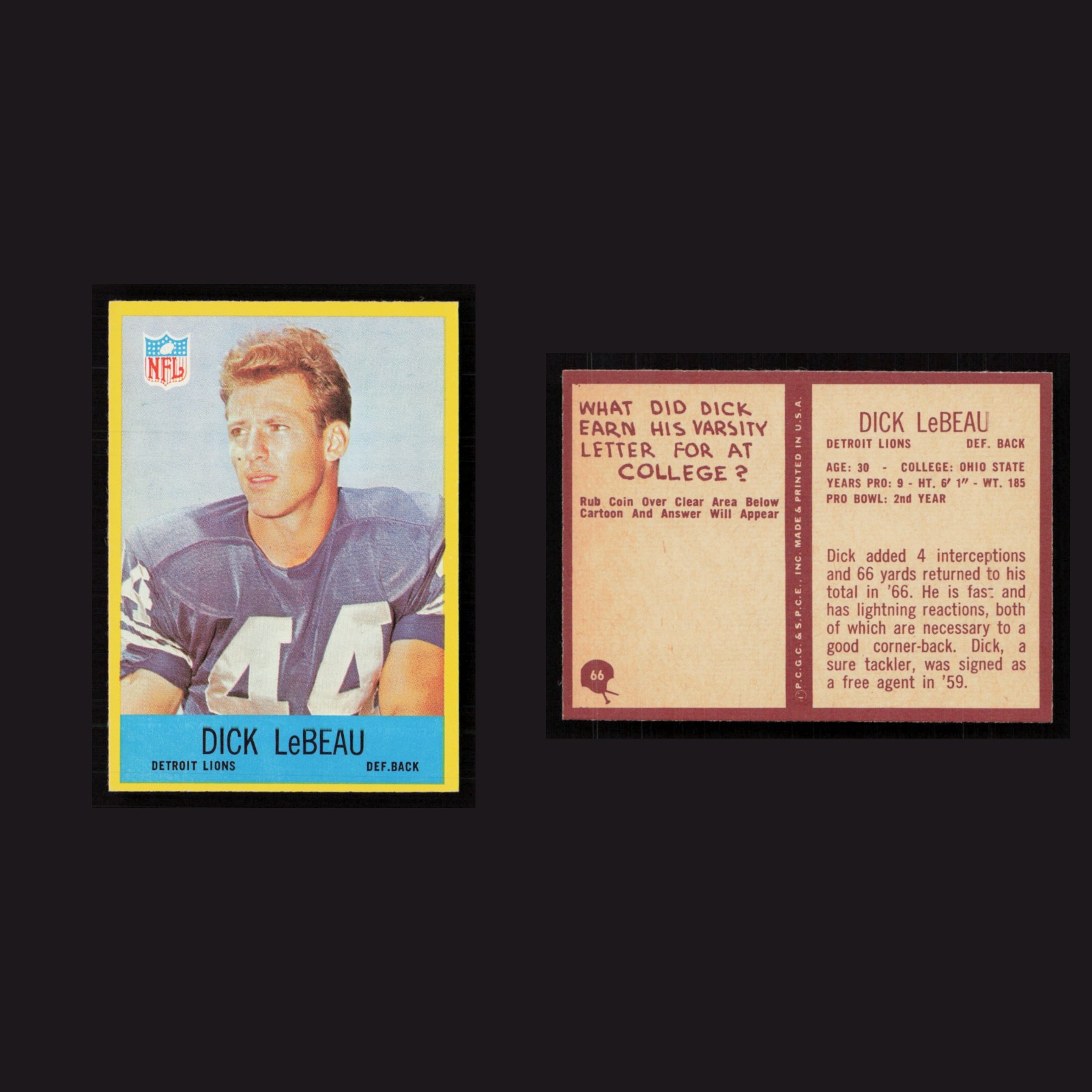 1967 Dick LeBeau #66 MINT Philadelphia Detroit Lions Vintage Football Card NFL front and back scans. Card condition is Near Mint.