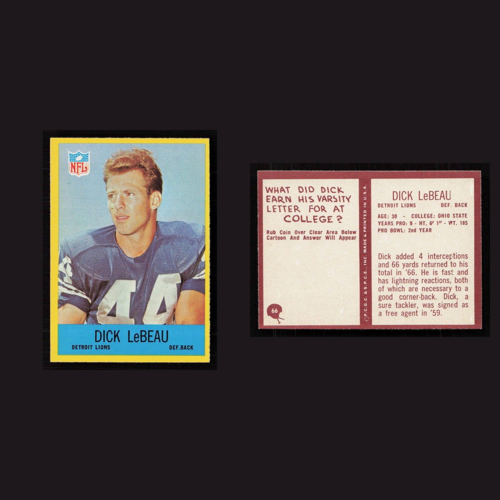 1967 Dick LeBeau #66 NM Philadelphia Detroit Lions Vintage Football Card NFL front and back scans. Card condition is Near Mint.