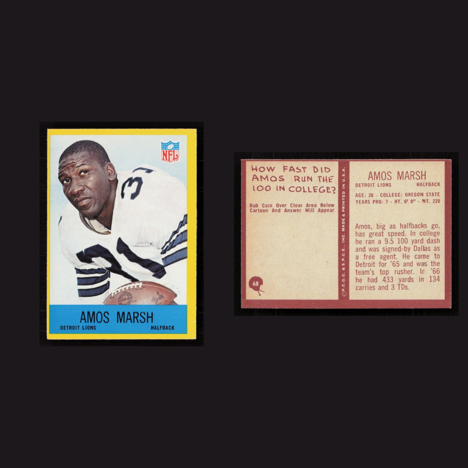 1967 Amos Marsh #68 NM Philadelphia Detroit Lions Vintage Football Card NFL front and back scans. Card condition is Near Mint.