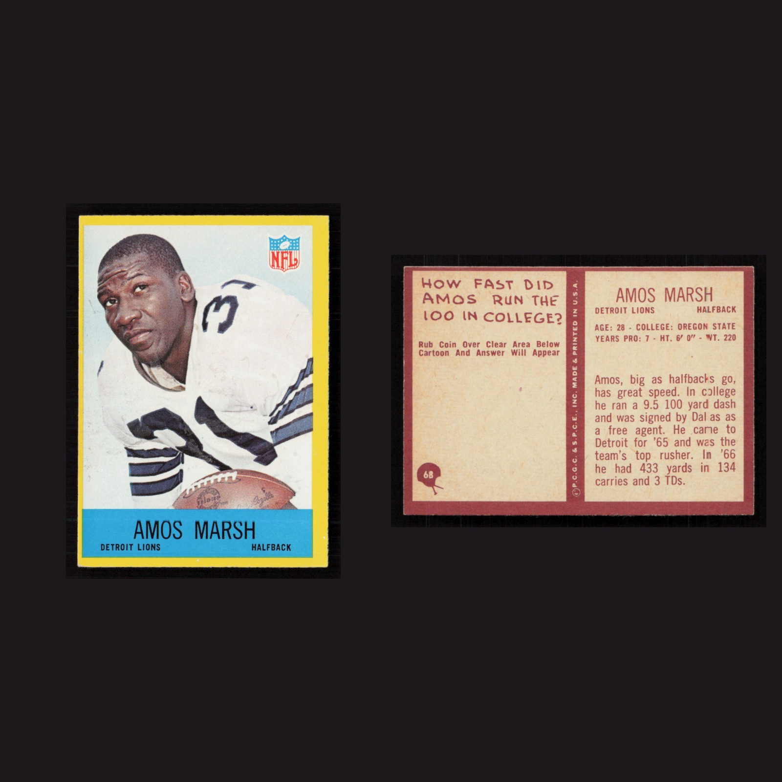 1967 Amos Marsh #68 NM Philadelphia Detroit Lions Vintage Football Card NFL front and back scans. Card condition is Near Mint.