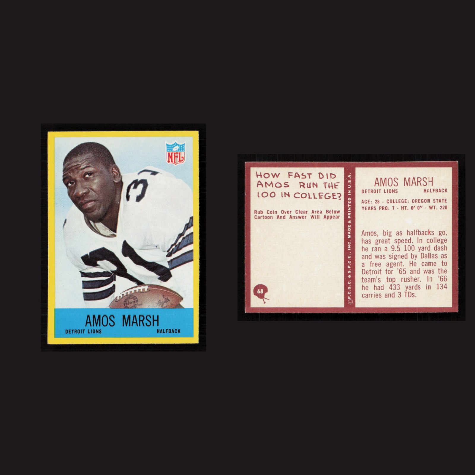 1967 Amos Marsh #68 NM Philadelphia Detroit Lions Vintage Football Card NFL front and back scans. Card condition is Near Mint.